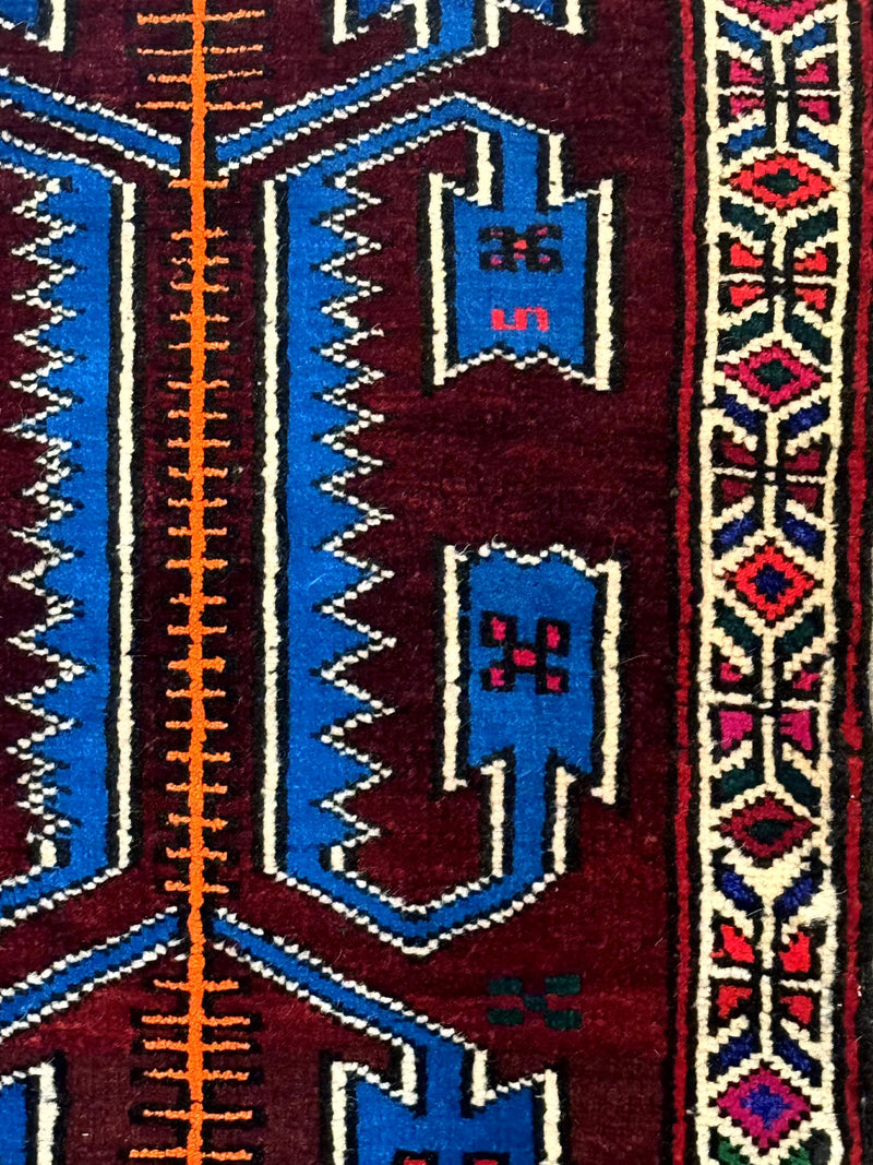 Persian Tribal Rug 1.8 x 2, Small Balouchi Rug, Unique Design, Burgundy and Blue by Jewel Rugs