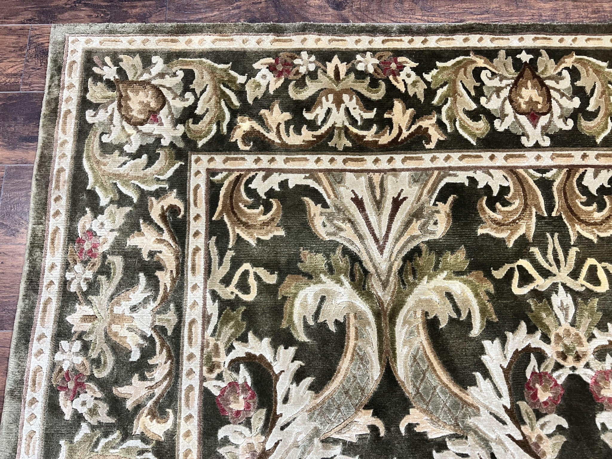 Tibetan Rug 8x10, European Design, Floral, Green, Handmade, Wool, Nepali Rug by Jewel Rugs