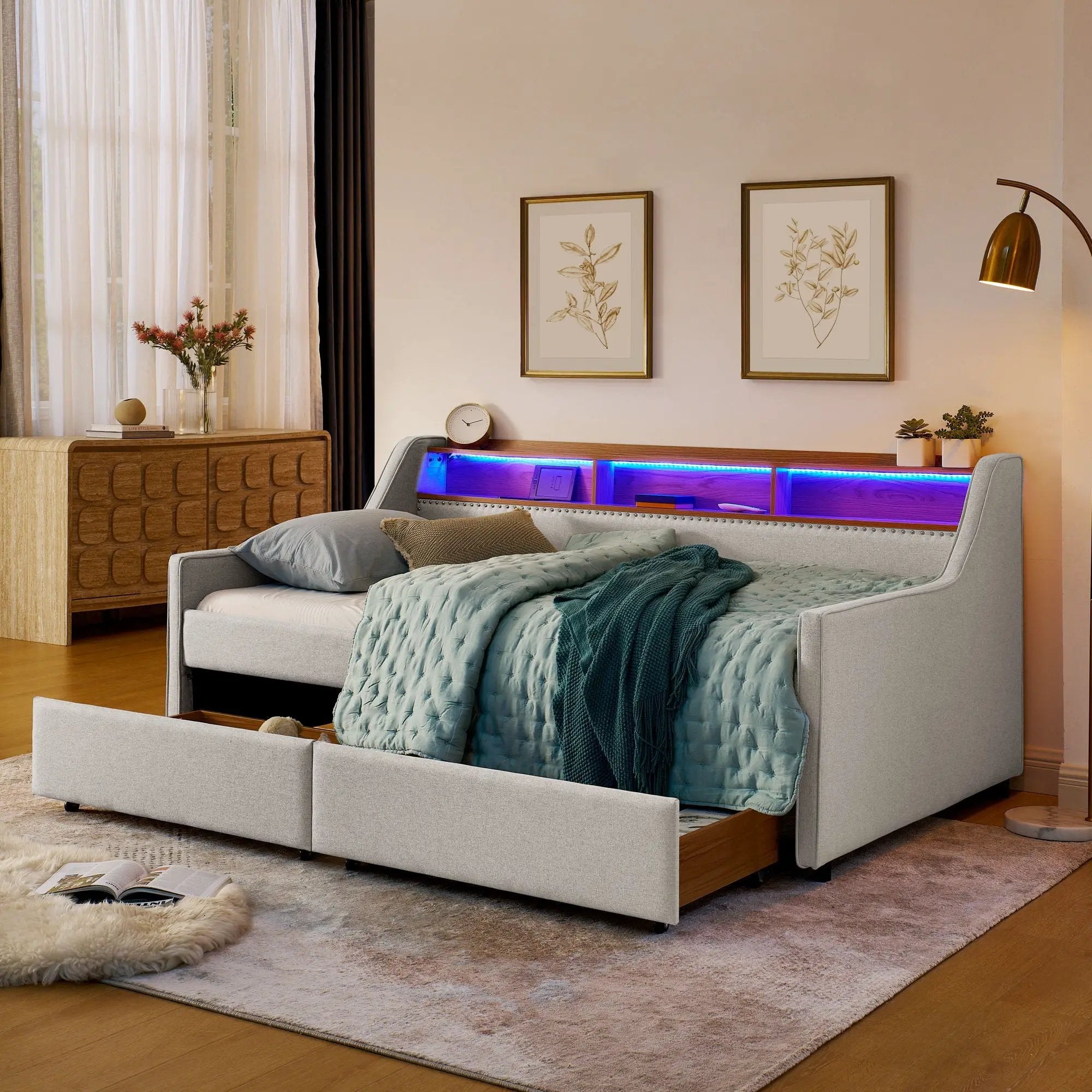 Twin Upholstered Sofa Bed With LED Lights, Storage Drawers, Adjustable Headboard & Wireless Charging - Beige by Unique Piece Furniture