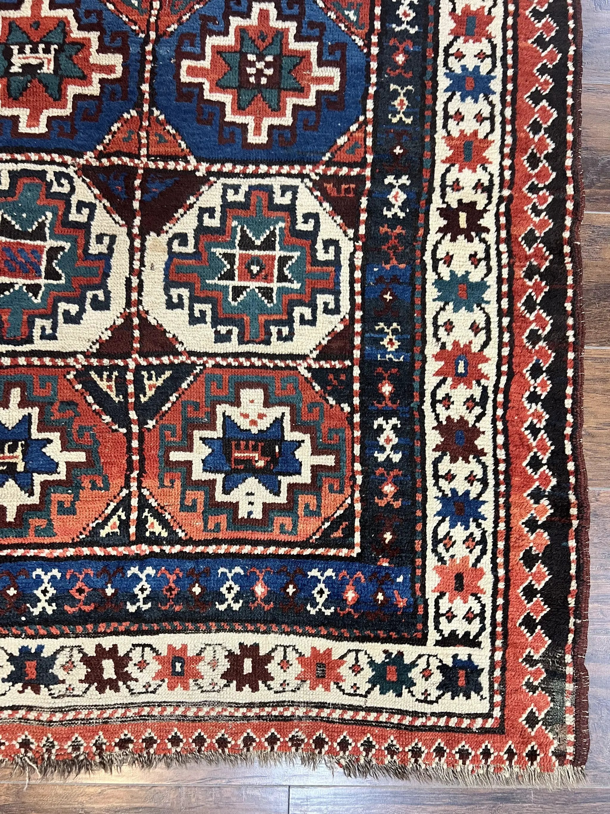 Antique Caucasian Kazak Runner Rug 4 x 9.5, Handmade Wool Rug for Hallway, Rare Colorful Panel Design Mid 19th Century 1870s Oriental Carpet by Jewel Rugs