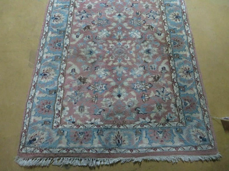 Indo Persian Runner Rug 2.8 x 12, Wool Hand Knotted, Pink and Light Blue by Jewel Rugs