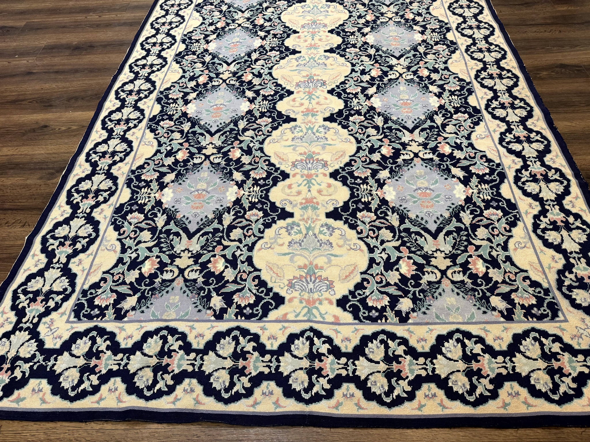 Needlepoint Rug 6x9, Ivory and Navy Blue by Jewel Rugs