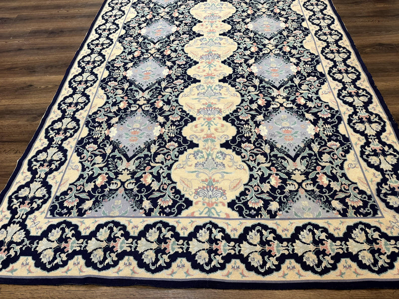 Needlepoint Rug 6x9, Ivory and Navy Blue by Jewel Rugs