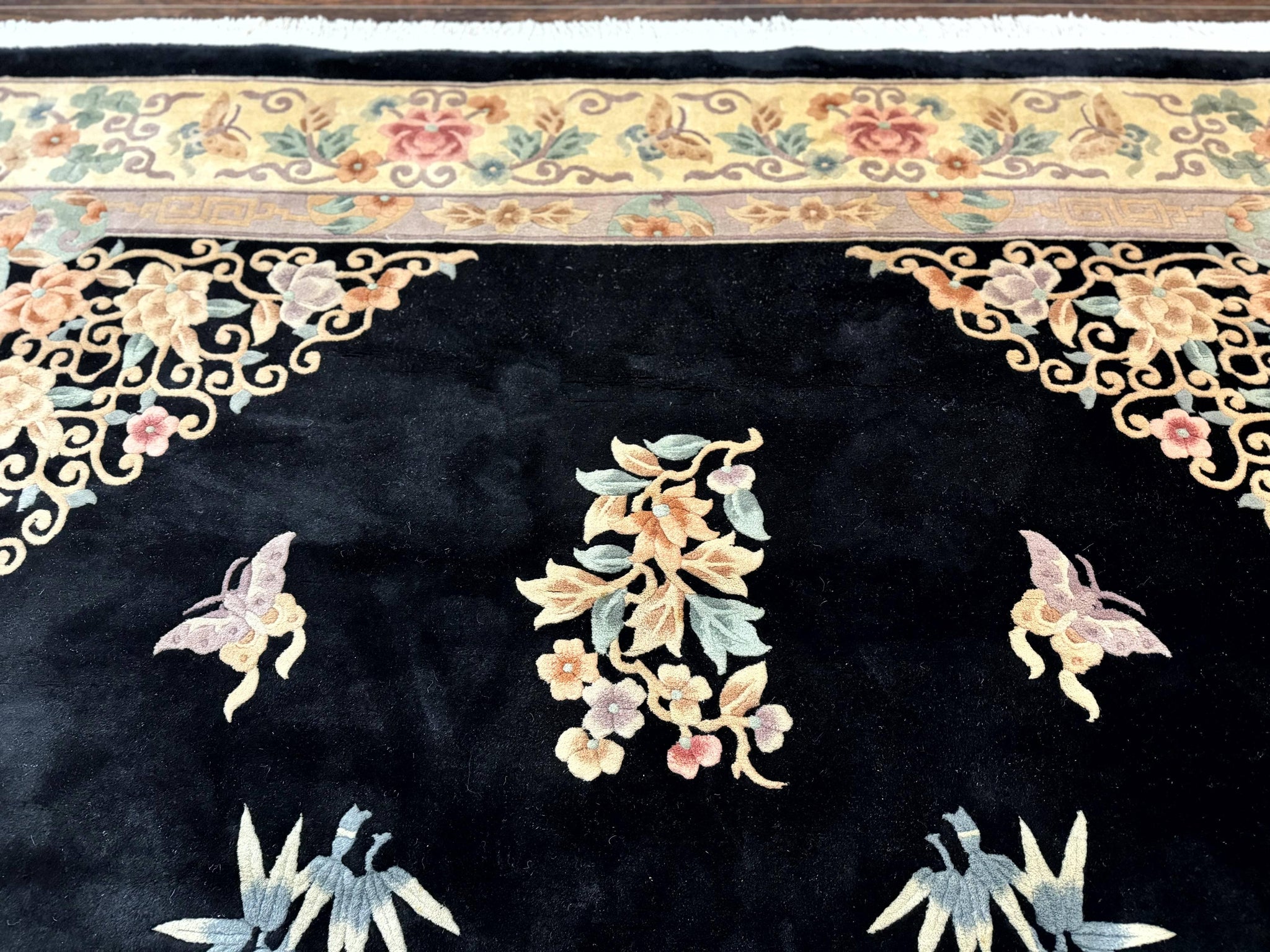 Chinese Wool Rug 9x12, Chinese Carving Carpet, Floral Medallion, Black and Beige, Butterflies, Vintage Asian Oriental Rug, 90 Line Rug by Jewel Rugs