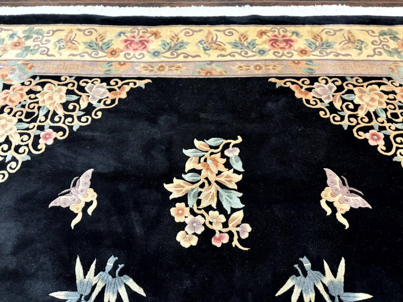 Chinese Wool Rug 9x12, Chinese Carving Carpet, Floral Medallion, Black and Beige, Butterflies, Vintage Asian Oriental Rug, 90 Line Rug by Jewel Rugs