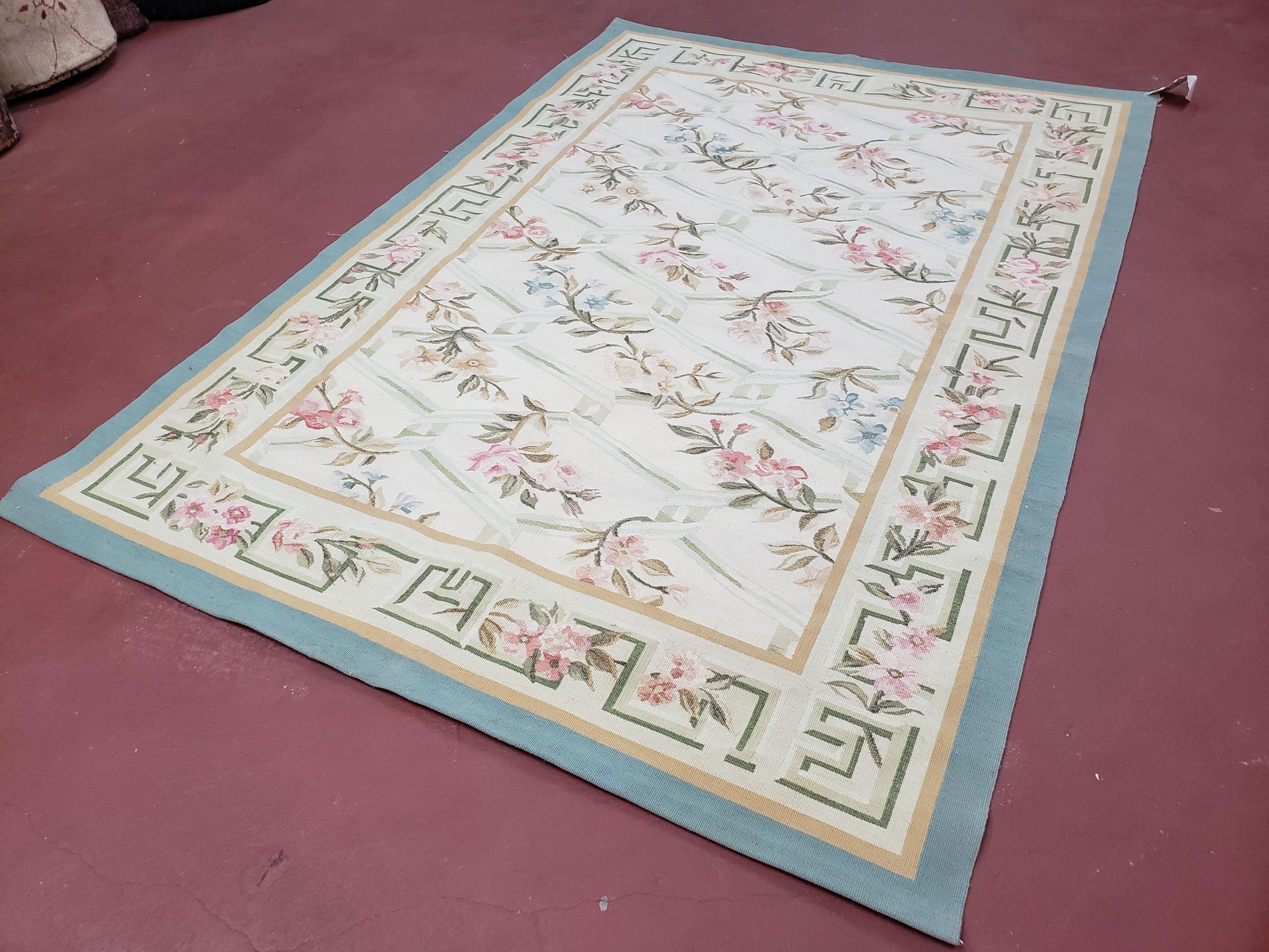 Vintage Aubusson Area Rug, Aubusson Flat weave Carpet, Floral Geometric Pattern, Beige Teal Green, 4x6 Rug, European Design by Jewel Rugs