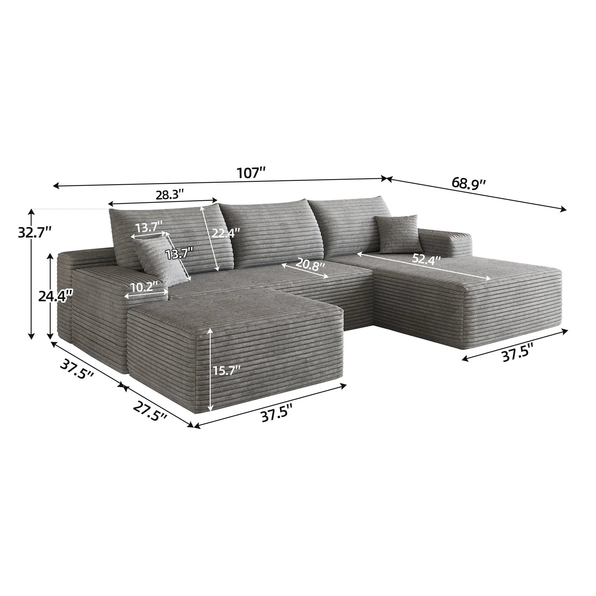 107" Cloud Sectional Sofa with 1 Ottoman by HouseOfZazla