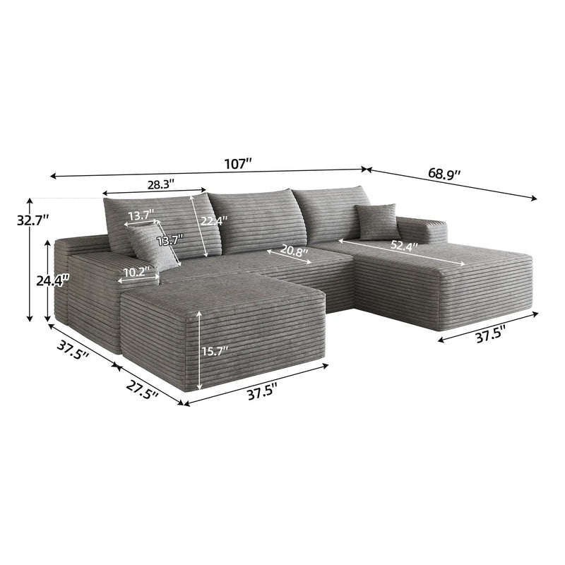107" Cloud Sectional Sofa with 1 Ottoman by HouseOfZazla