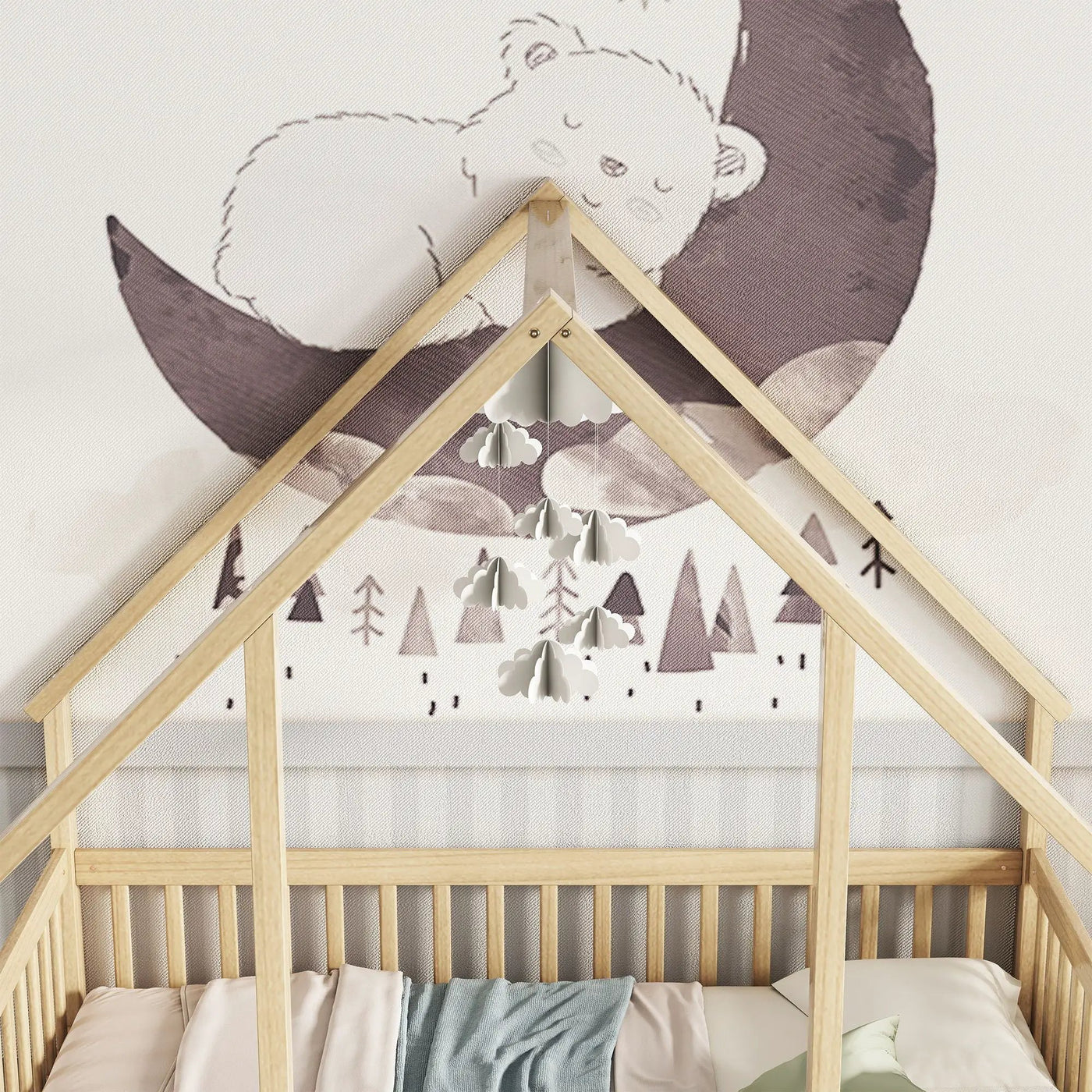Wood House-Shaped Floor Bed With Fence, Guardrails by Unique Piece Furniture