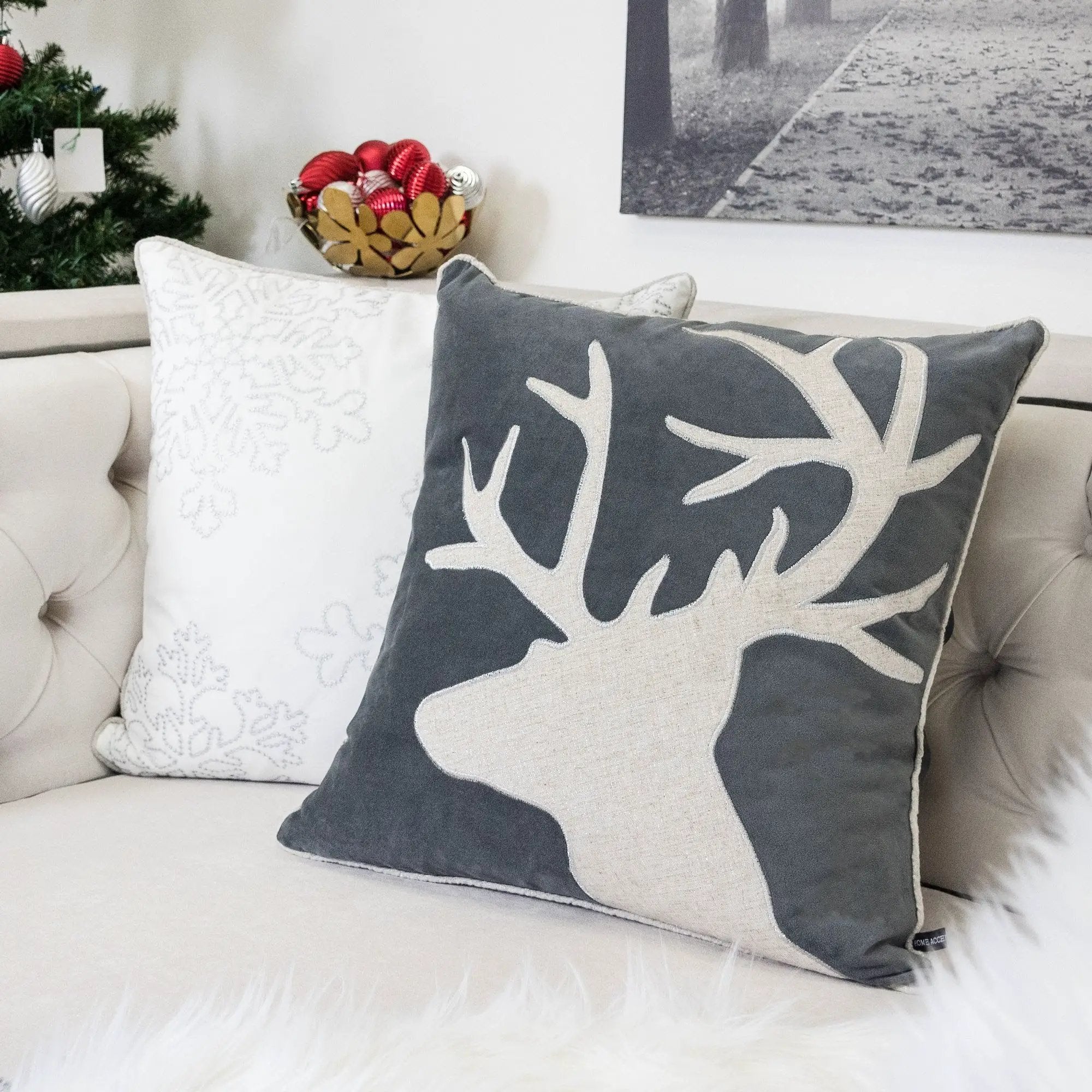 Holiday Reindeer Velvet Accent Pillow 20x20 – Gray and White by HouseOfZazla