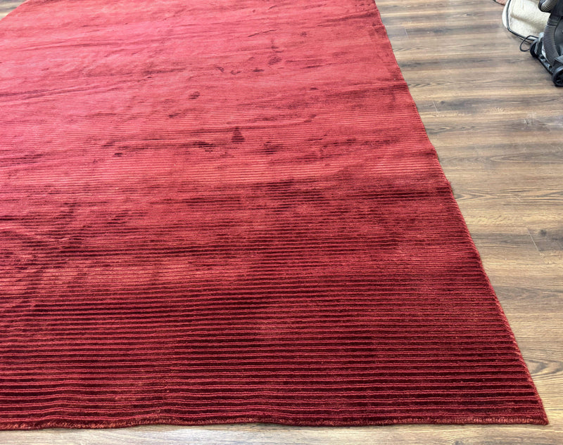 Modern Tibetan Rug 8x10, Red, Stripes, Handmade Wool Thick Pile Carpet by Jewel Rugs