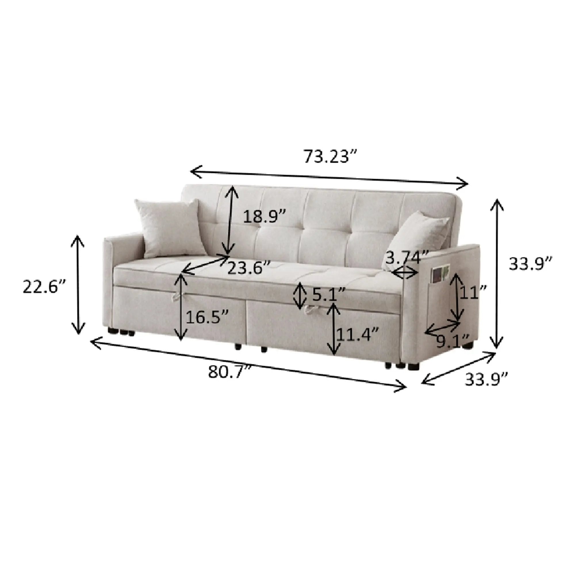 3 In 1 Convertible Sleeper Sofa Bed, Reclining Backrest, Pillows, Pockets by HouseOfZazla