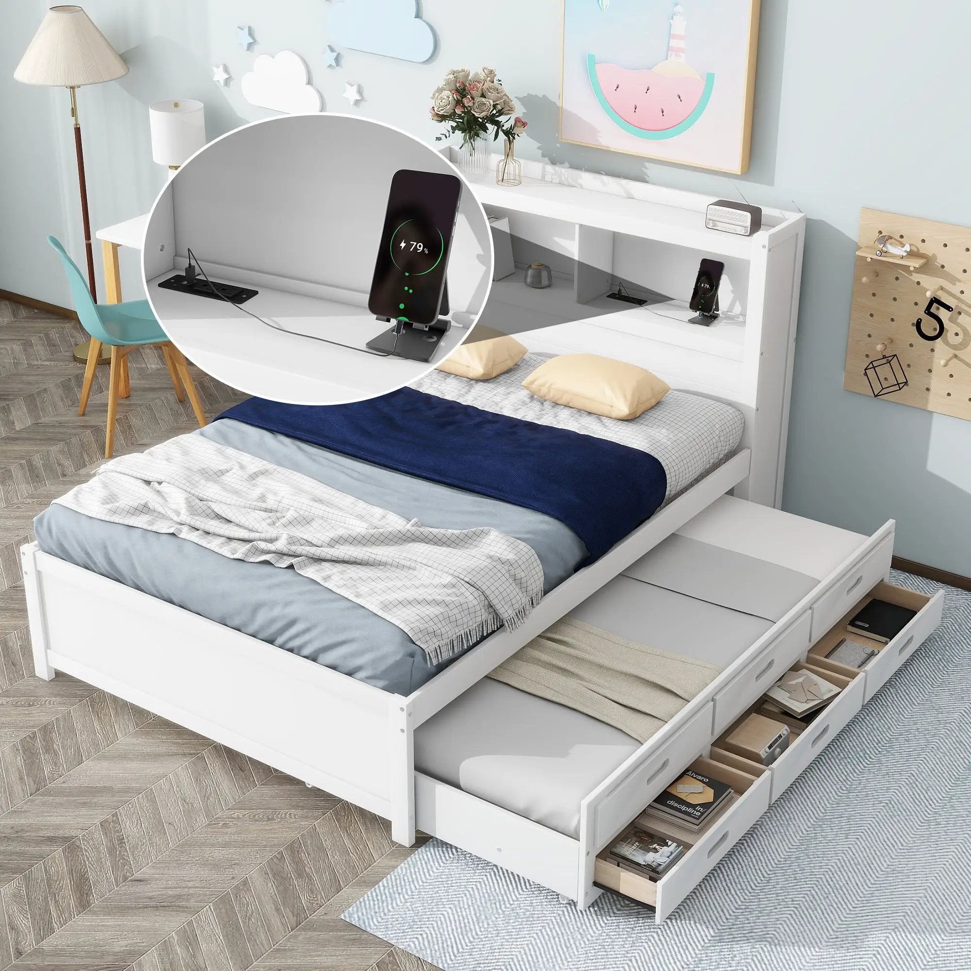 Full Size Platform Bed With Trundle, Drawers, USB Ports And Built In Shelves - White by HouseOfZazla