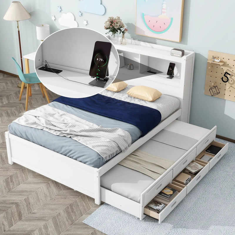 Full Size Platform Bed With Trundle, Drawers, USB Ports And Built In Shelves - White by HouseOfZazla