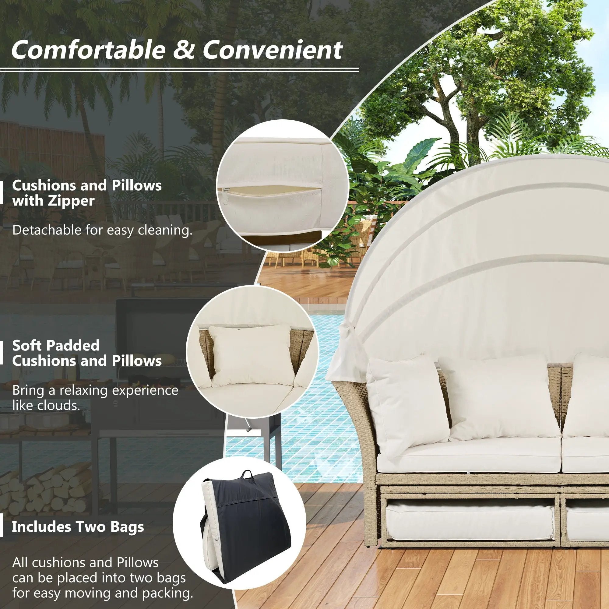 Outdoor Patio Daybed Wicker Rattan Double Daybed Round Sofa Furniture Set With Retractable Canopy, 4 Pillows For Lawn Garden by Unique Piece Furniture