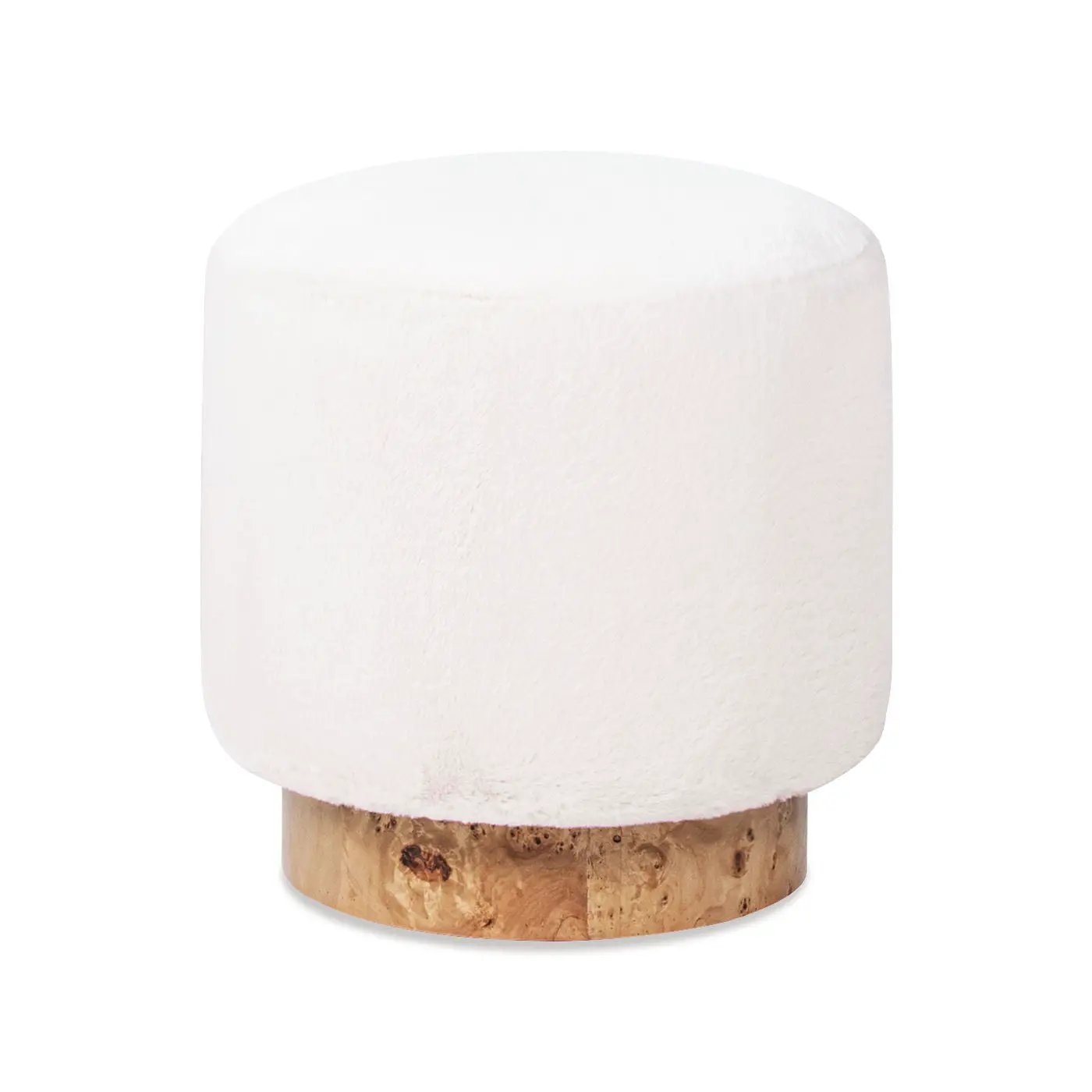 Tilly - Round Fur Upholstered / Burl Pouf Ottoman - White by Unique Piece Furniture