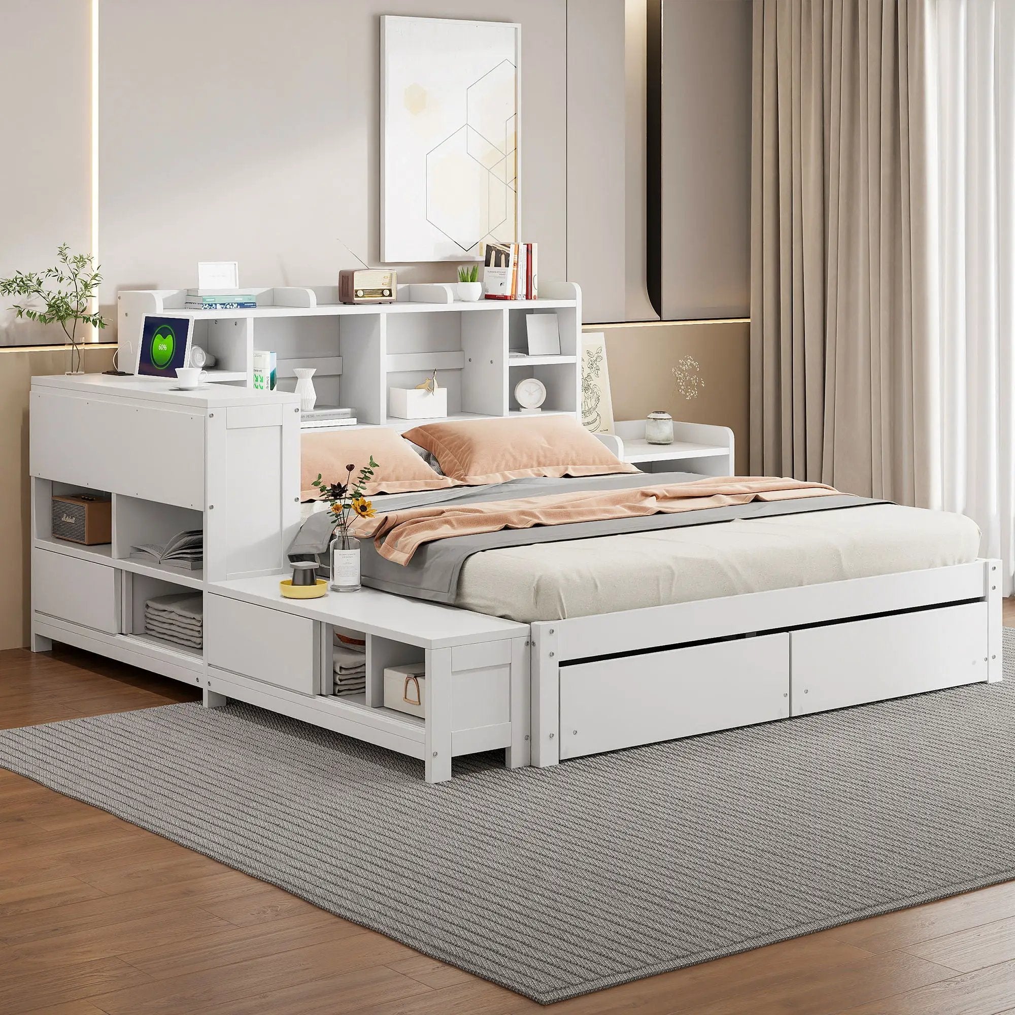 Platform Bed With Multi Functional Storage Space, Nightstand, 2 Drawers, USB Ports And Desk by Unique Piece Furniture