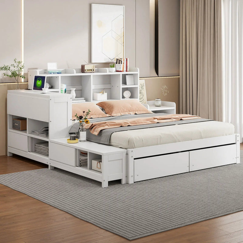 Platform Bed With Multi Functional Storage Space, Nightstand, 2 Drawers, USB Ports And Desk by Unique Piece Furniture