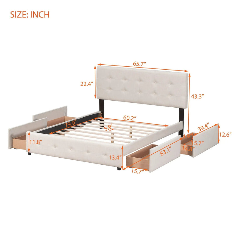 Upholstered Platform Bed With Classic Headboard And Drawers, No Box Spring Needed by HouseOfZazla