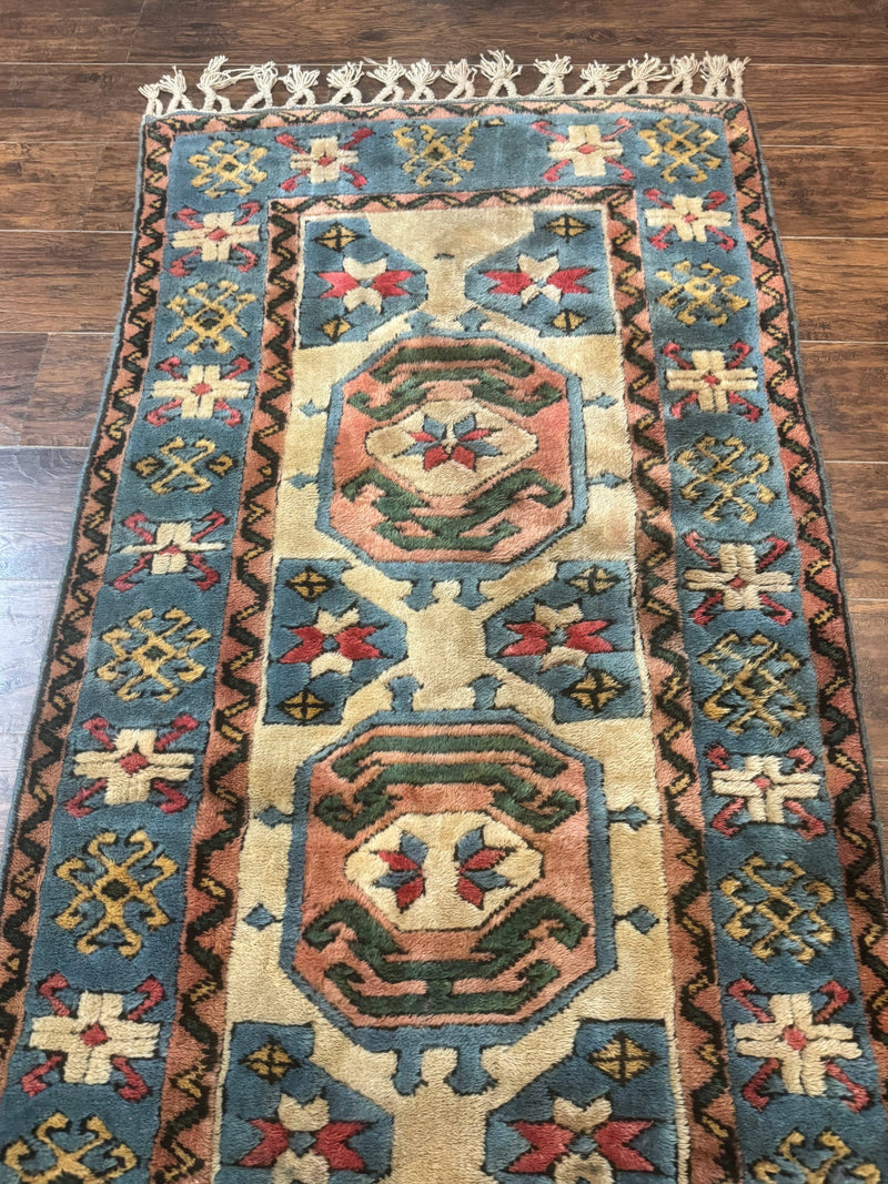 Turkish Kazak Runner Rug 3x11, Cream and Light Blue, Vintage by Jewel Rugs