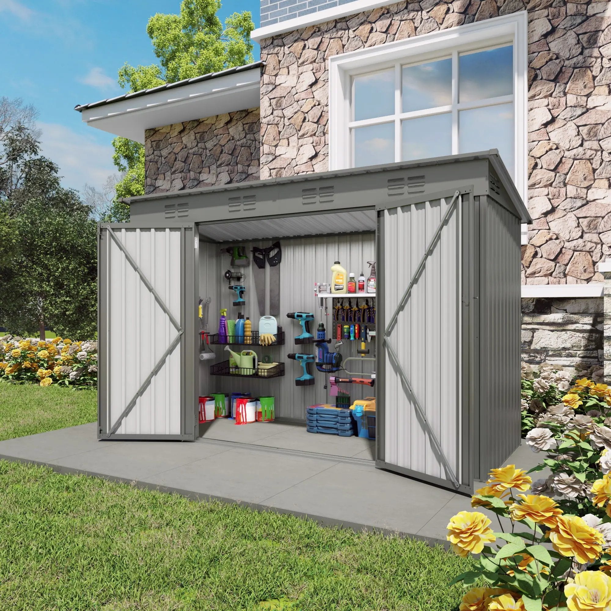 Outdoor Storage Shed, Tool House With Sloping Roof, 6 Vents And 2 Swing Doors For Backyard - Gray by HouseOfZazla