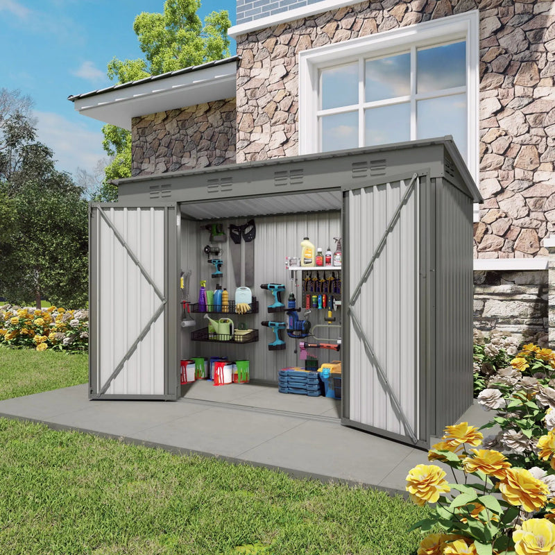 Outdoor Storage Shed, Tool House With Sloping Roof, 6 Vents And 2 Swing Doors For Backyard - Gray by HouseOfZazla