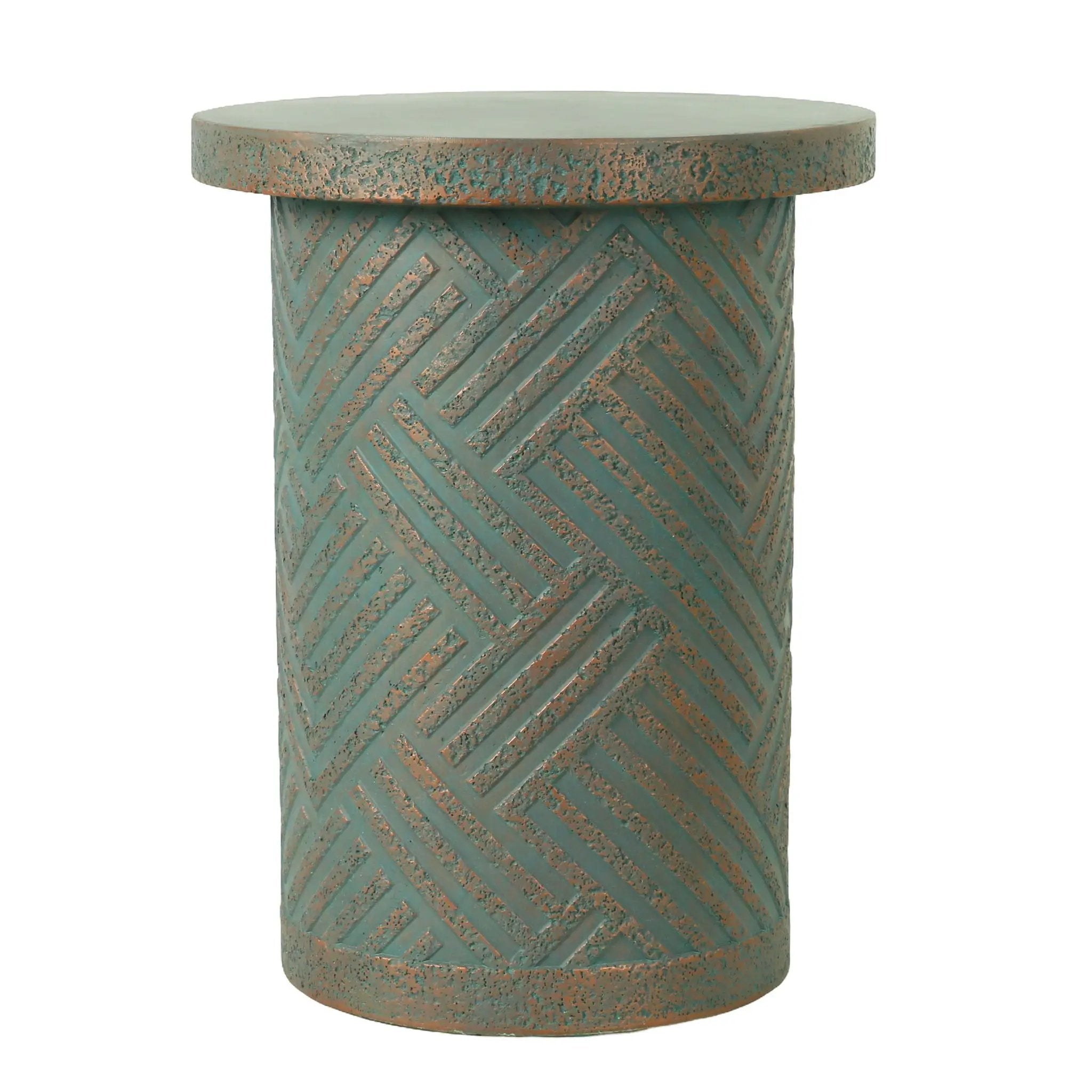 Round Outdoor End Table With Tree Stump Design For Patio - Golden / Green / Peacock by Unique Piece Furniture
