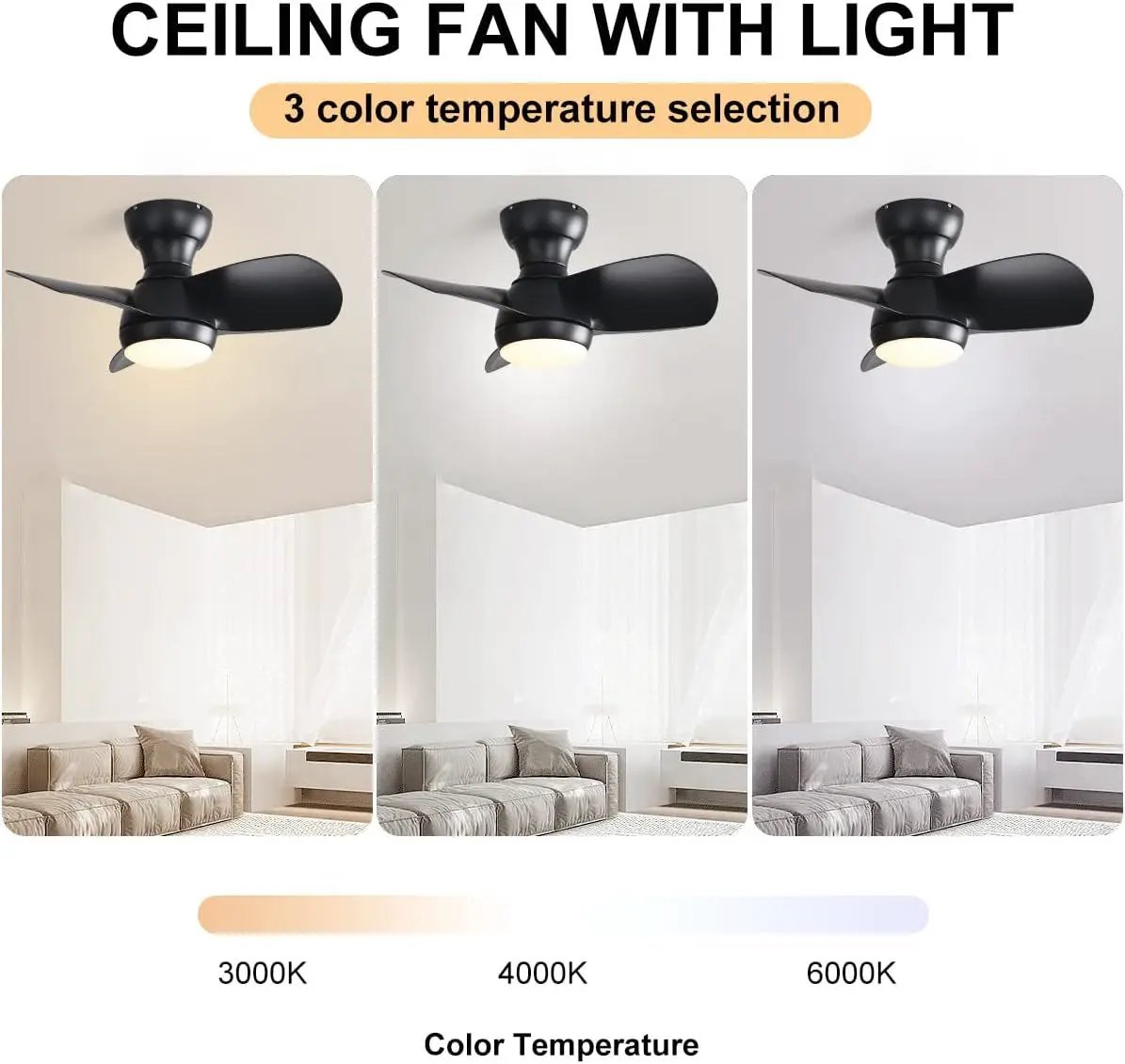23" Bedroom Ceiling Fan With 3 Color Dimmable 3 ABS Blades Remote Control Dc Motor With 18W Led Light by Unique Piece Furniture