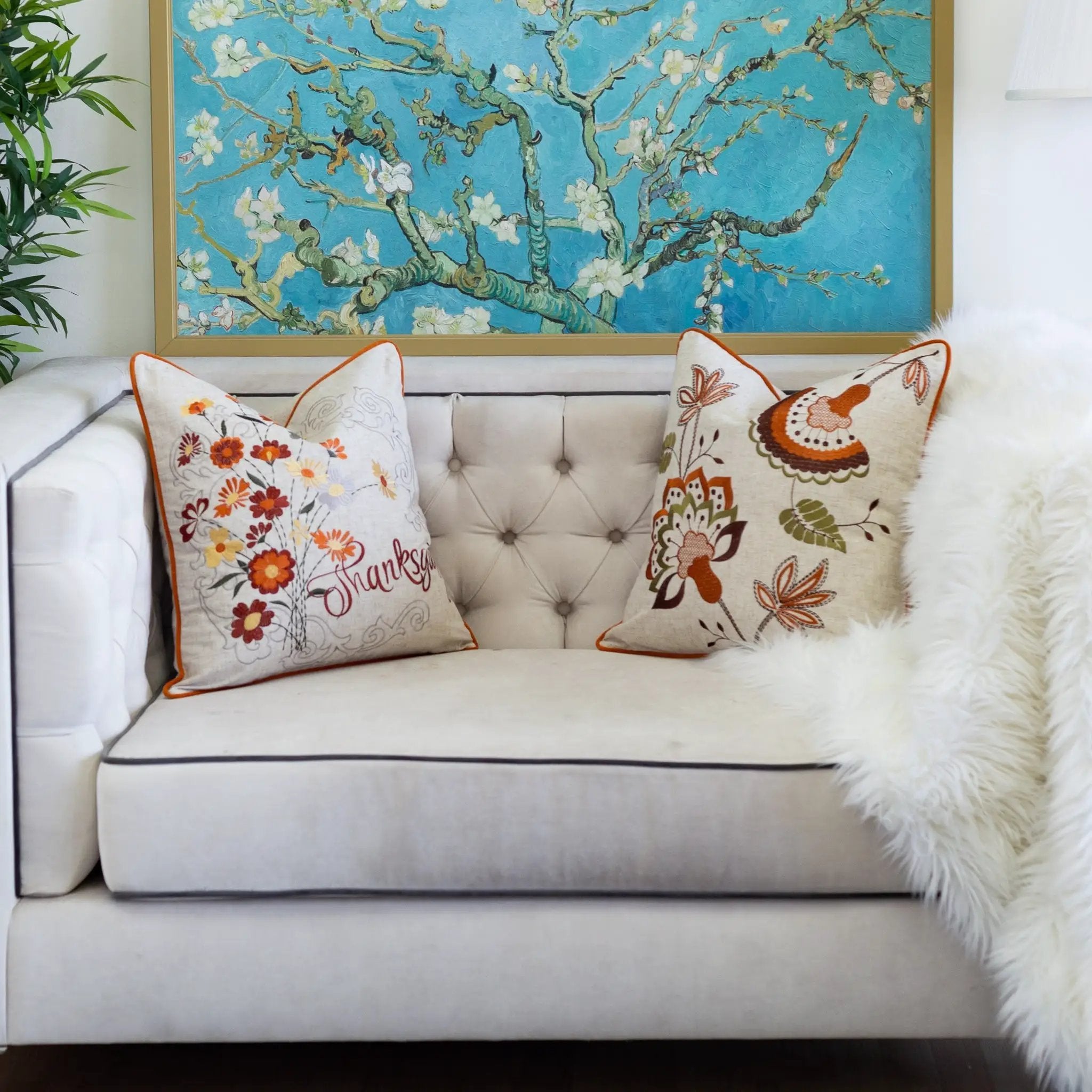 Thanksgiving Embroidered Floral Throw Pillow – Autumn Harvest Accent Cushion Set of 2 by HouseOfZazla