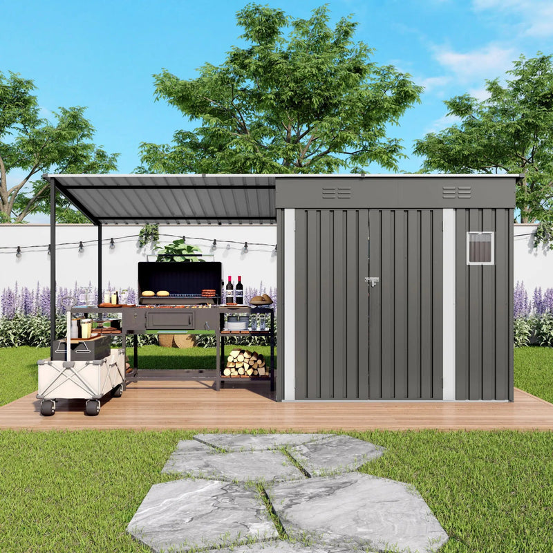 Lean To Shed With Open Sided Pergola, Outdoor Storage Shed & Attached Hardtop Gazebo Combo - Gray by HouseOfZazla