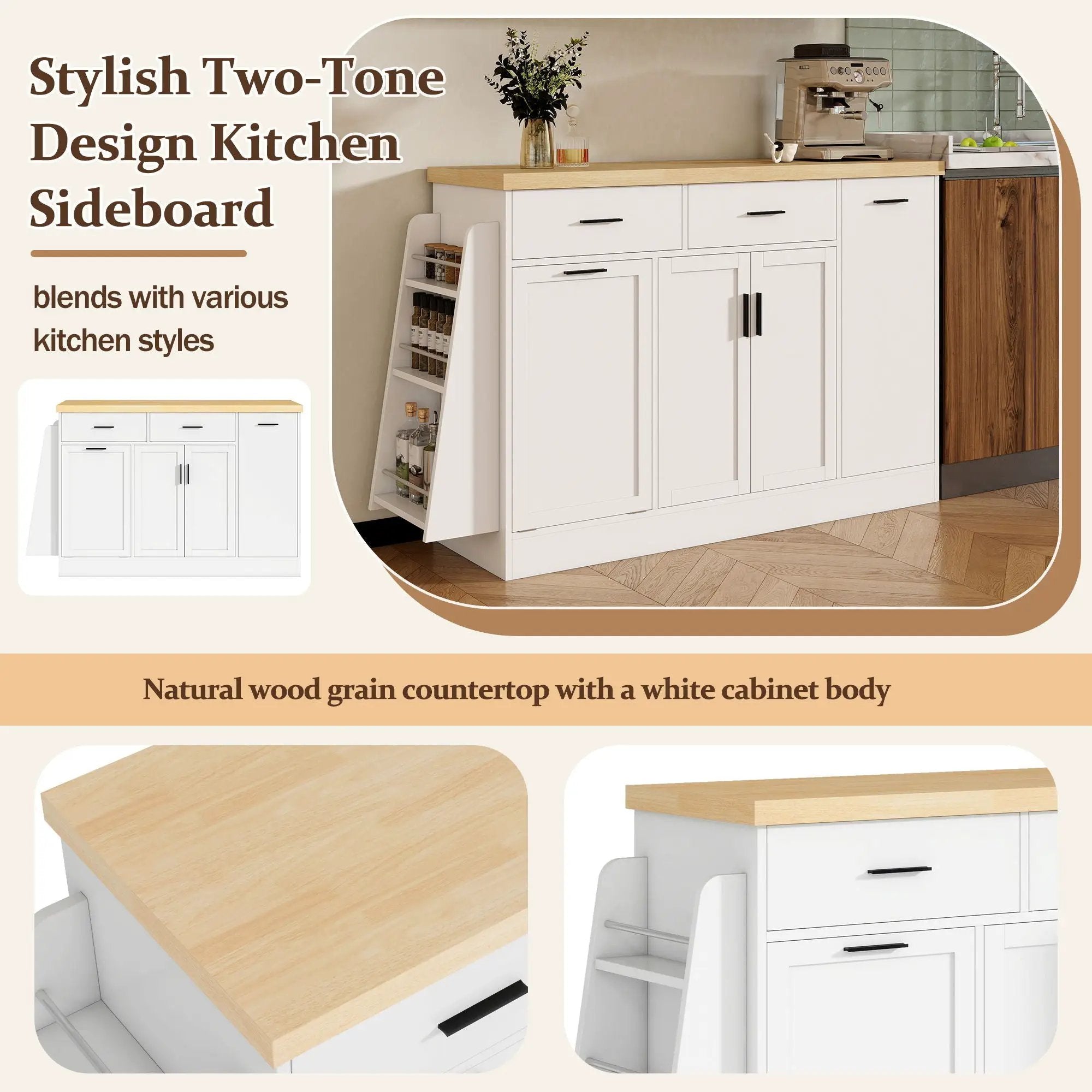 Kitchen Sideboard With Sliding Door Cabinet, 3 Tier Spice Rack by Unique Piece Furniture