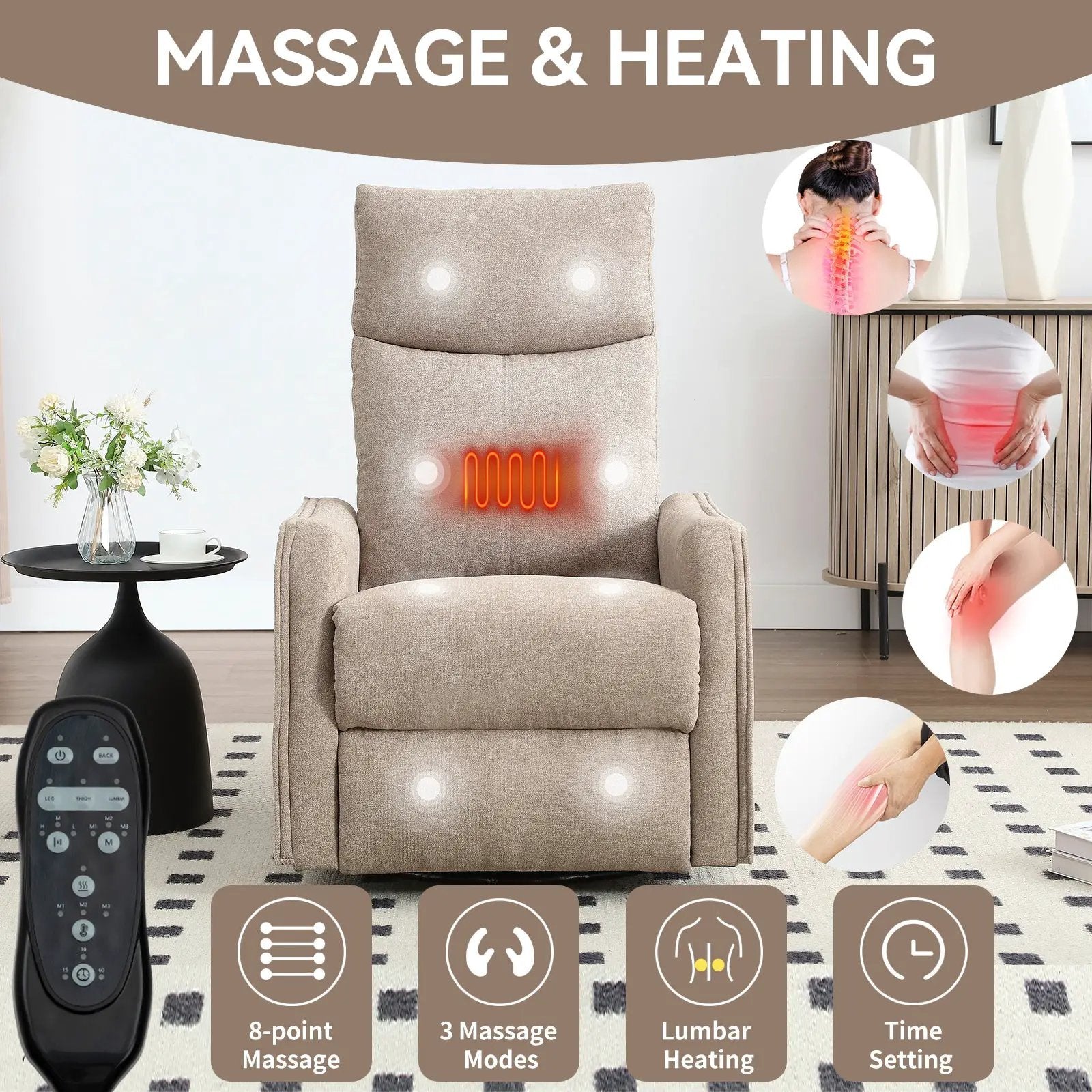 Heat Massage Manual Recliner Chair with Rocker and Swivel in Fabric for Living Room, Khaki by HouseOfZazla