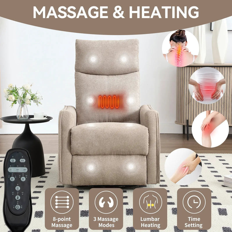Heat Massage Manual Recliner Chair with Rocker and Swivel in Fabric for Living Room, Khaki by HouseOfZazla