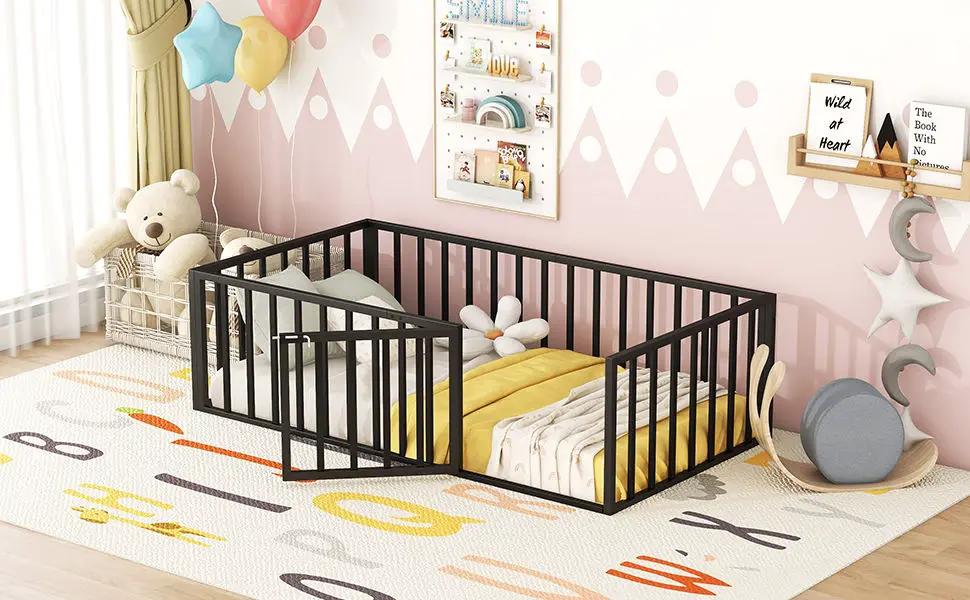 Metal Floor Bed Frame With Fence And Door by HouseOfZazla