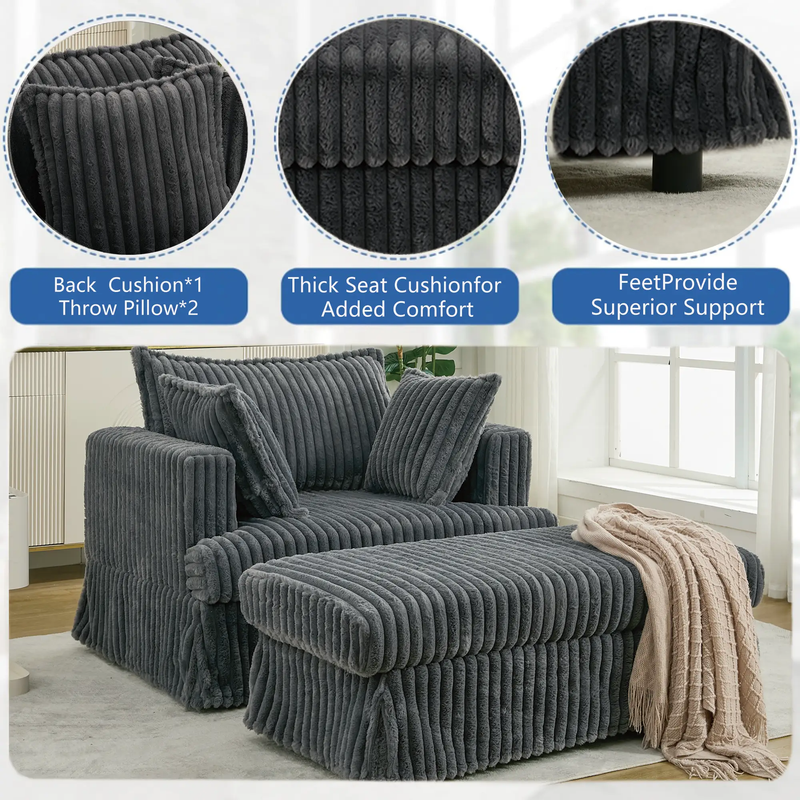 Oversized Corduroy Chaise Lounge with Ottoman in Dark Gray by HouseOfZazla