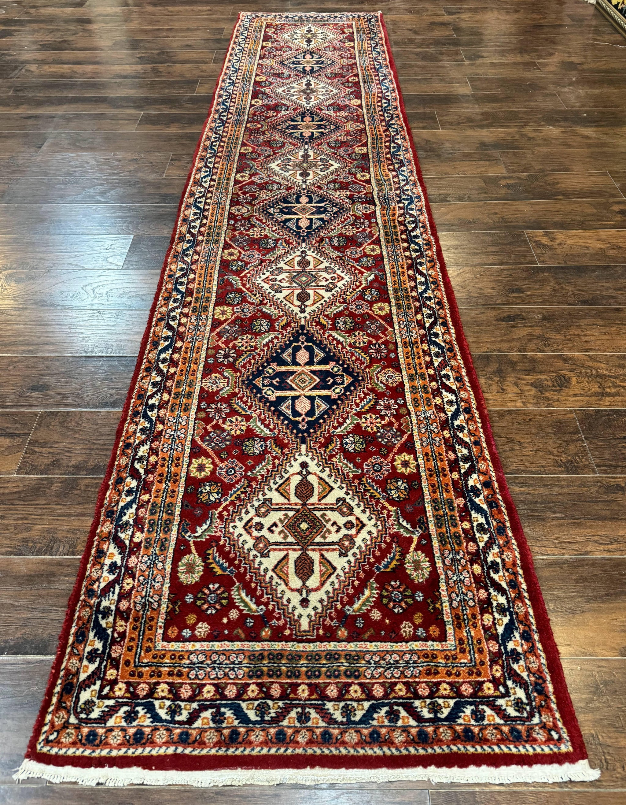 Antique Persian Qashqai Runner Rug 3 x 13 ft, Tribal Runner, Geometric Medallions, Red Ivory Blue, Wool by Jewel Rugs