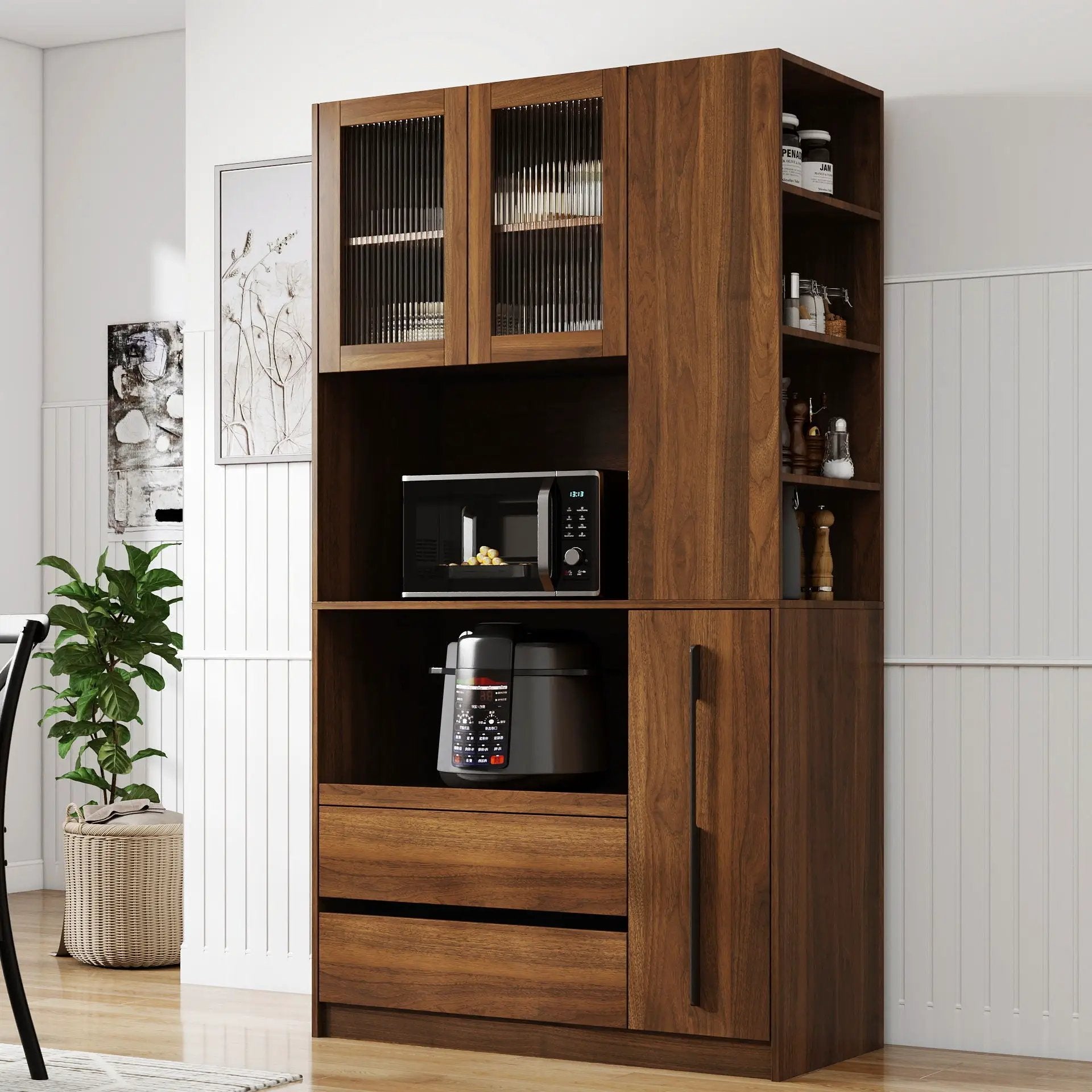 Tall Kitchen Pantry Cabinet With 4 Tier Side Shelf, 2 Drawers, Freestanding Food Hutch With Microwave Stand For Dining Room - Walnut by HouseOfZazla