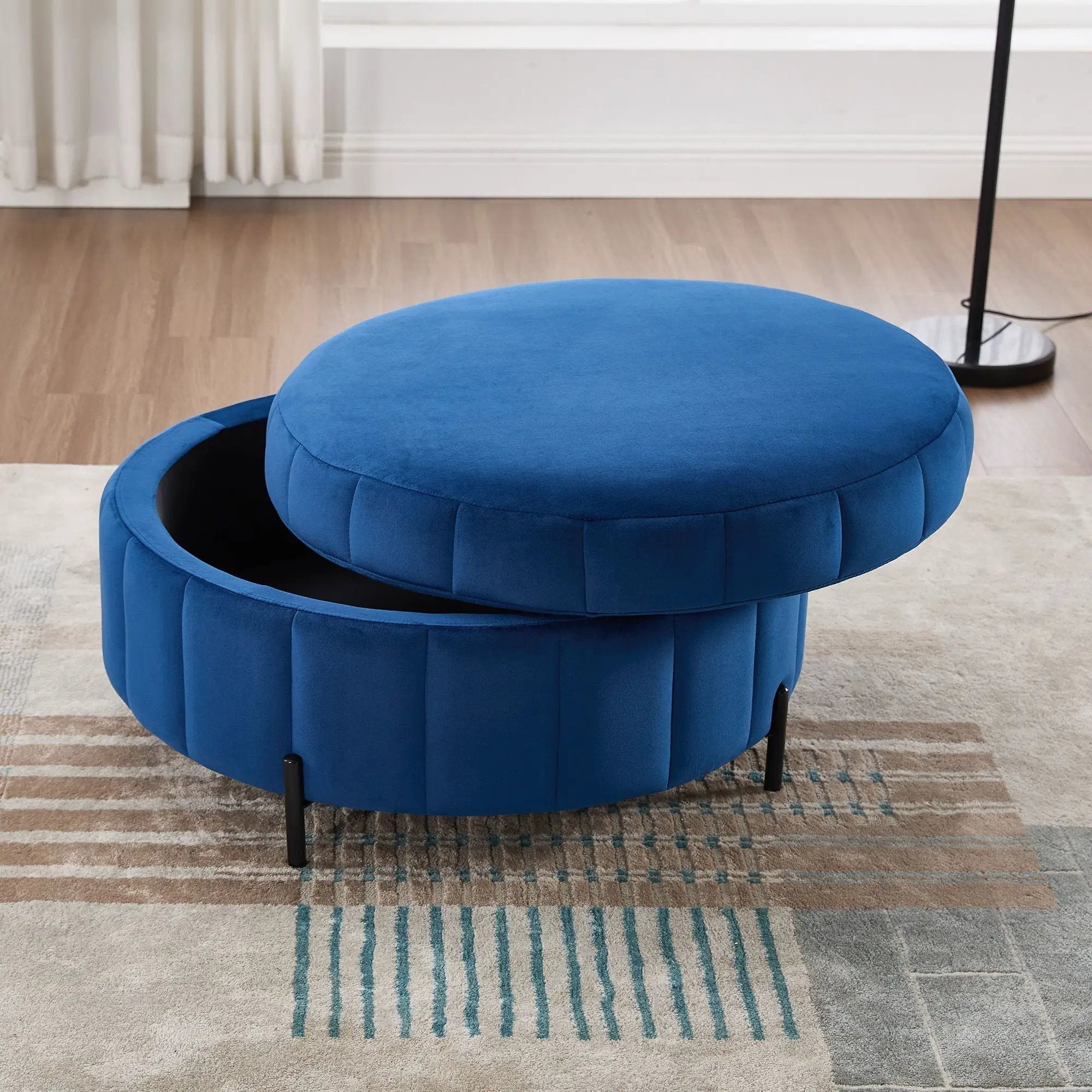 Upholstered Round Ottoman With Reversible Lid, Channel Tufted Pumpkin Shape by Unique Piece Furniture