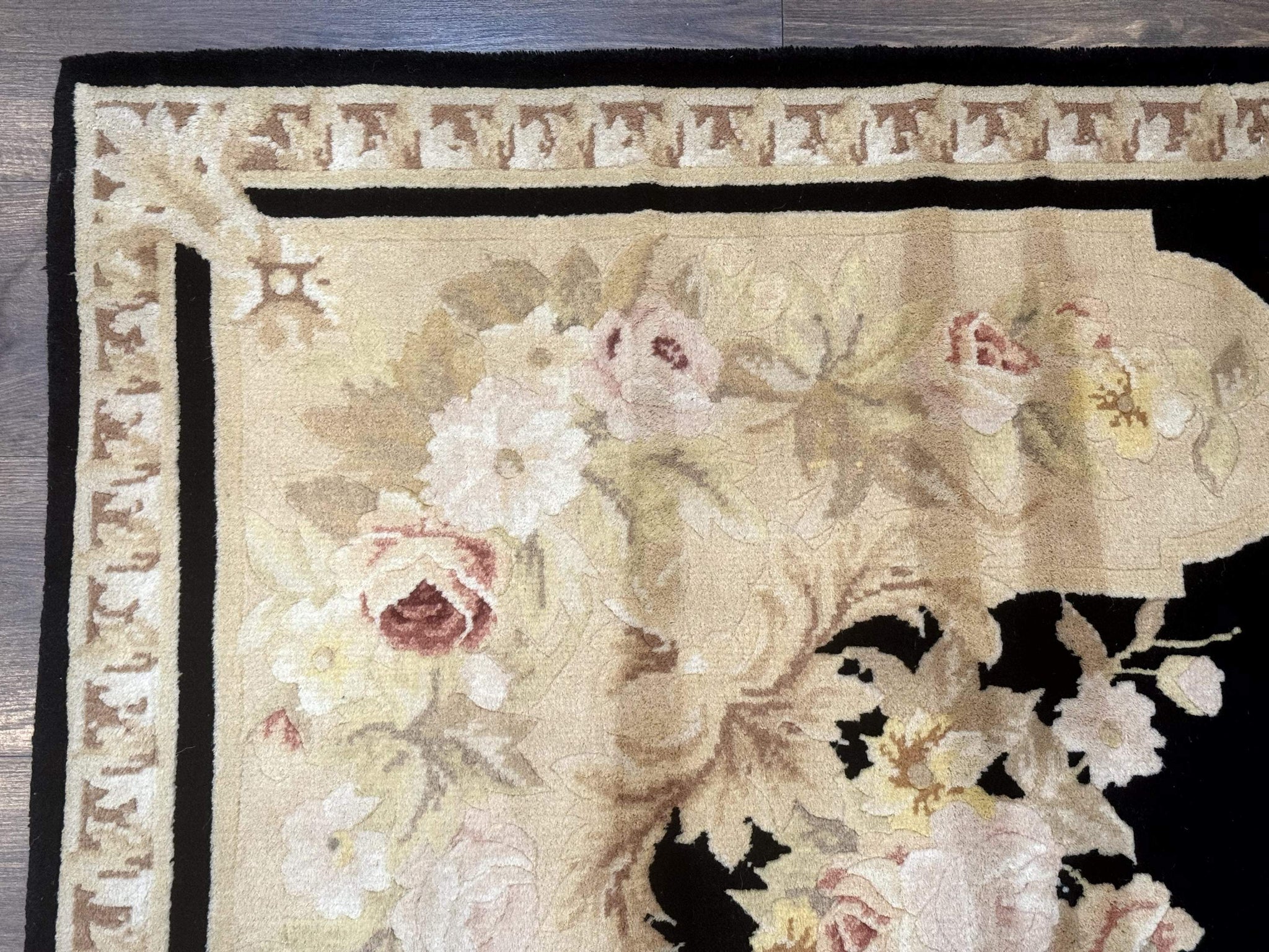 Chinese Aubusson Rug 6x9, Wool Pile, Black, Floral, Elegant by Jewel Rugs