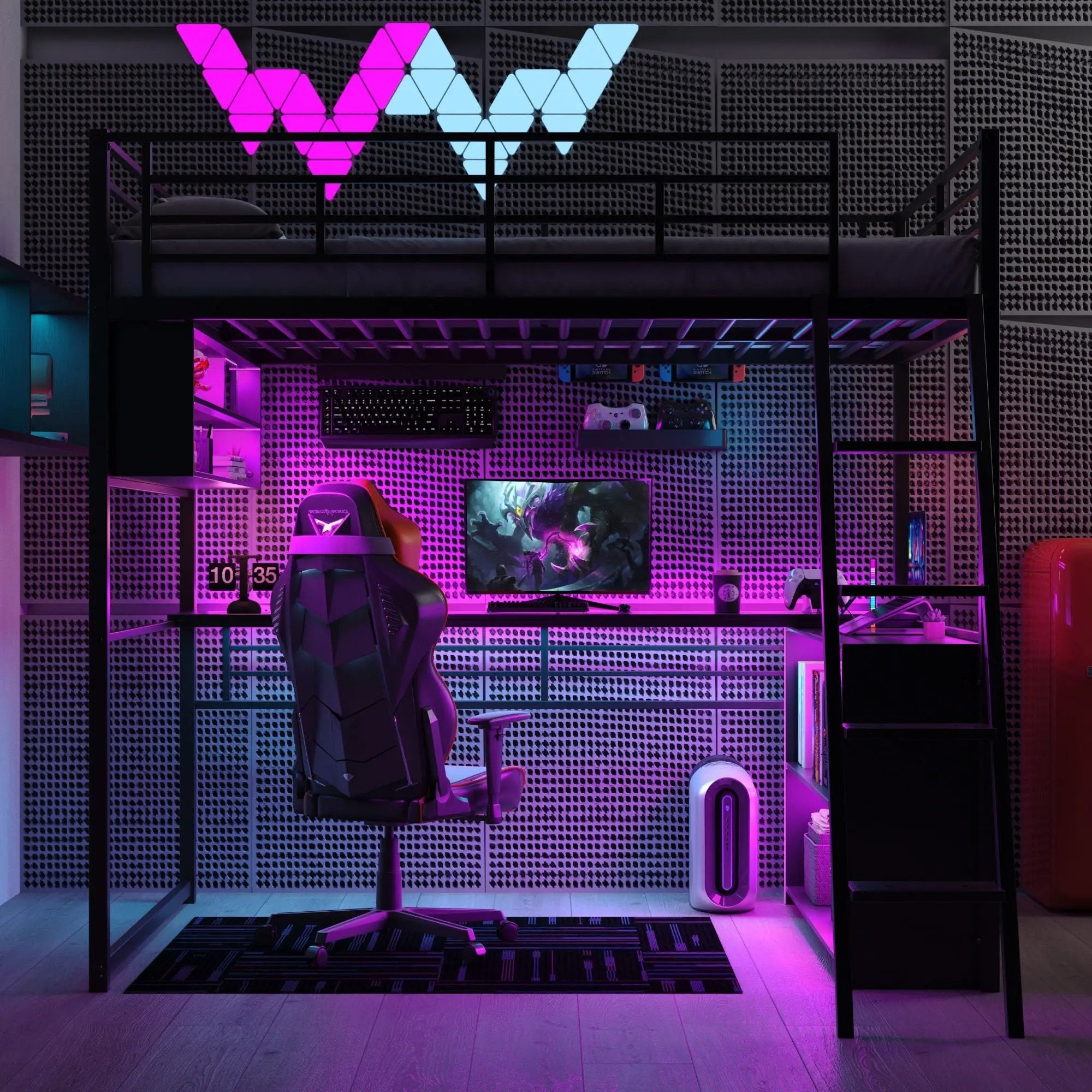 Loft Bed With LED Desk And 4 Storage Shelves by Unique Piece Furniture