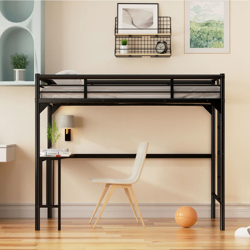Twin Metal Loft Bed With Desk, Ladder And Guardrails, Bookdesk Under Bed - Black by HouseOfZazla