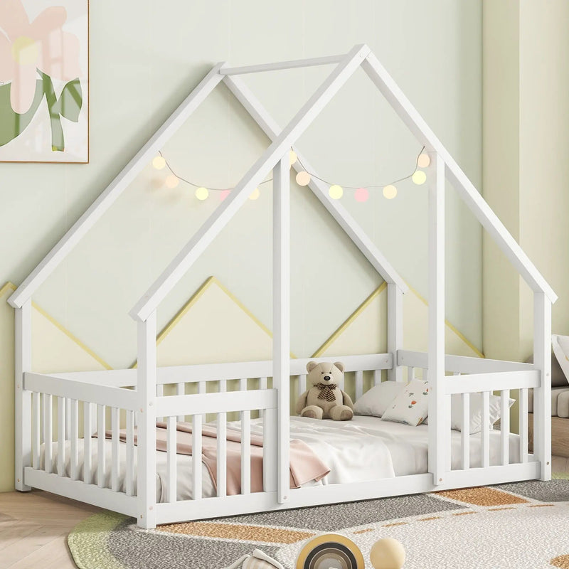 Wood House-Shaped Floor Bed With Fence, Guardrails by Unique Piece Furniture
