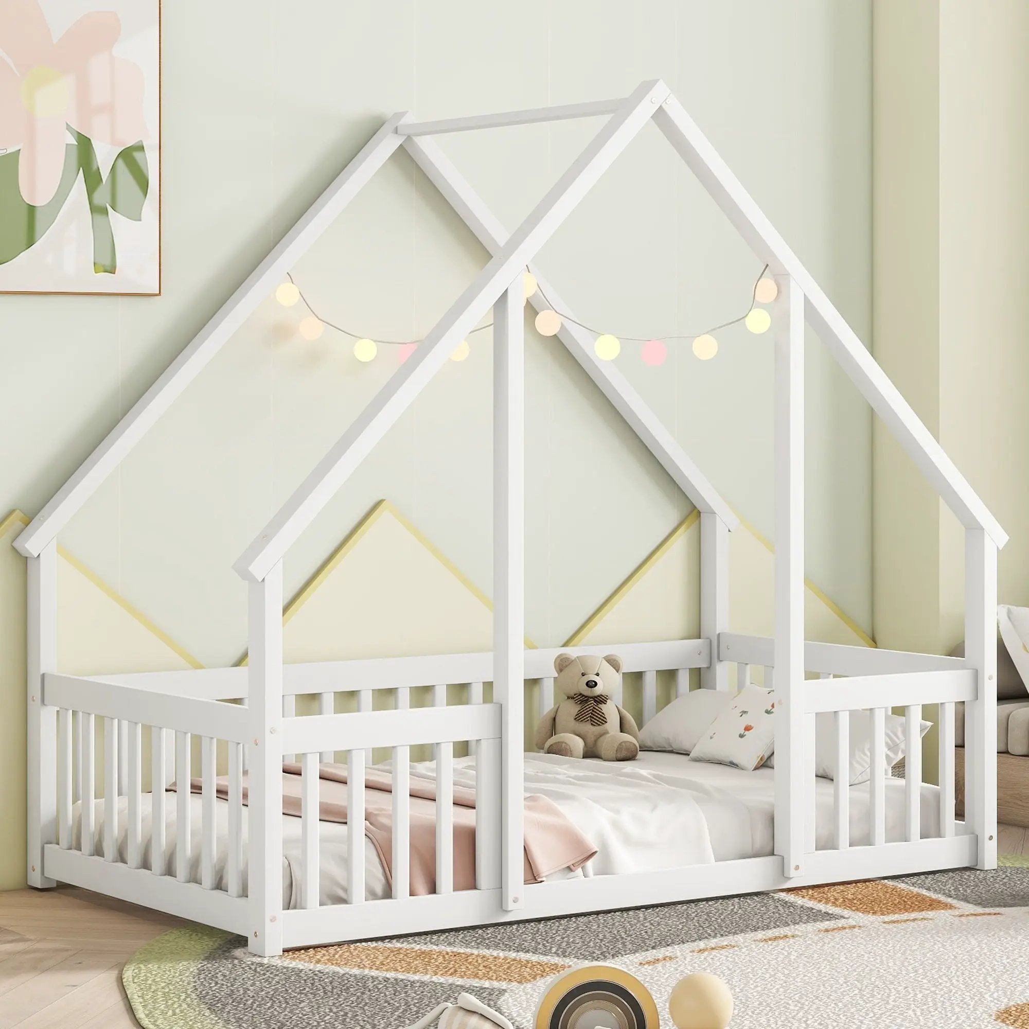 Wood House-Shaped Floor Bed With Fence, Guardrails by Unique Piece Furniture