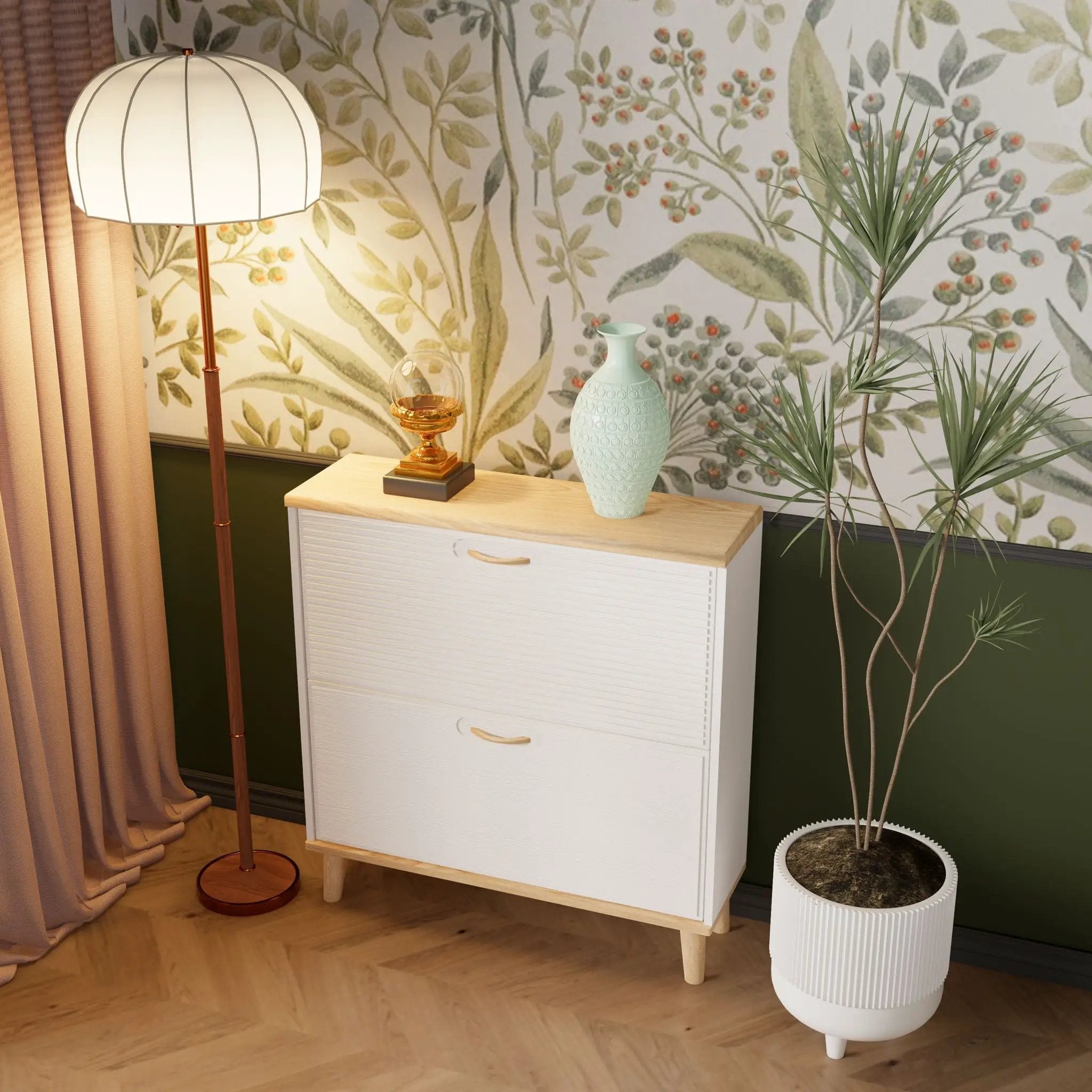 Narrow - Entryway Shoe Storage Cabinet With 2 Flip Drawers Legs - Natural / White by HouseOfZazla
