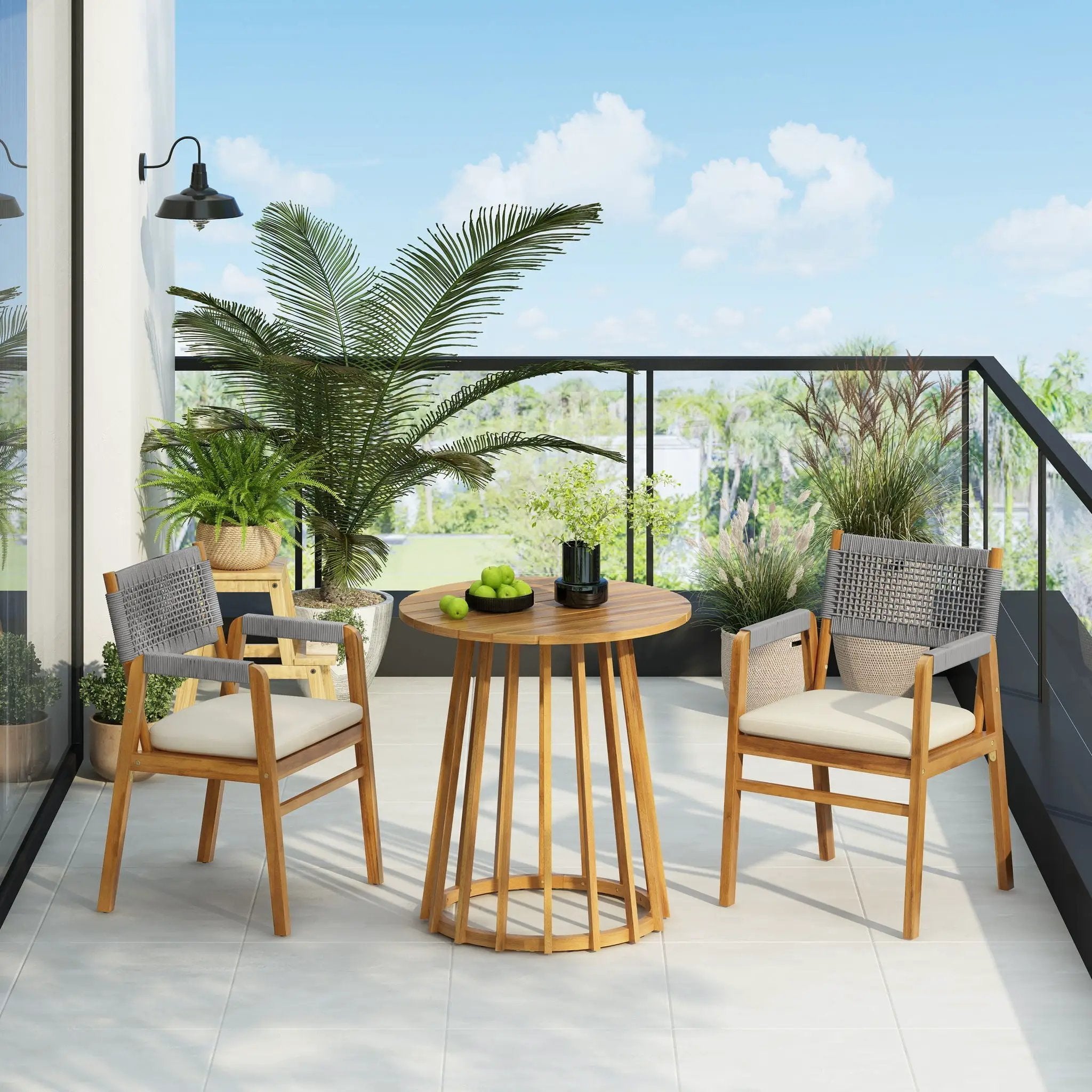 Outdoor 3 Pieces Acacia Wood Dining Set With Cushions by HouseOfZazla