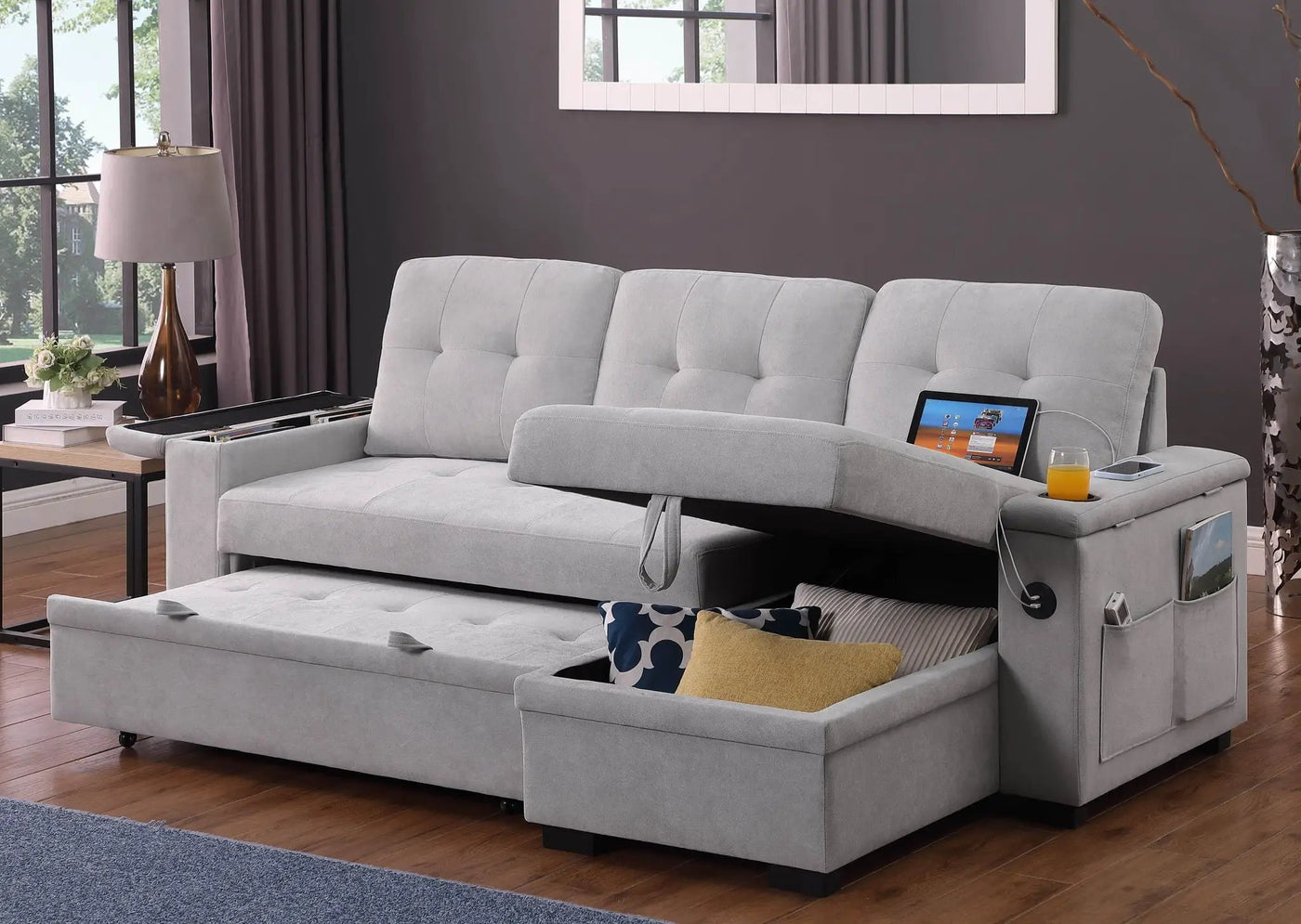 Ashlyn II - 84"W Woven Fabric Reversible Sleeper Sectional Sofa with Storage Chaise by Unique Piece Furniture