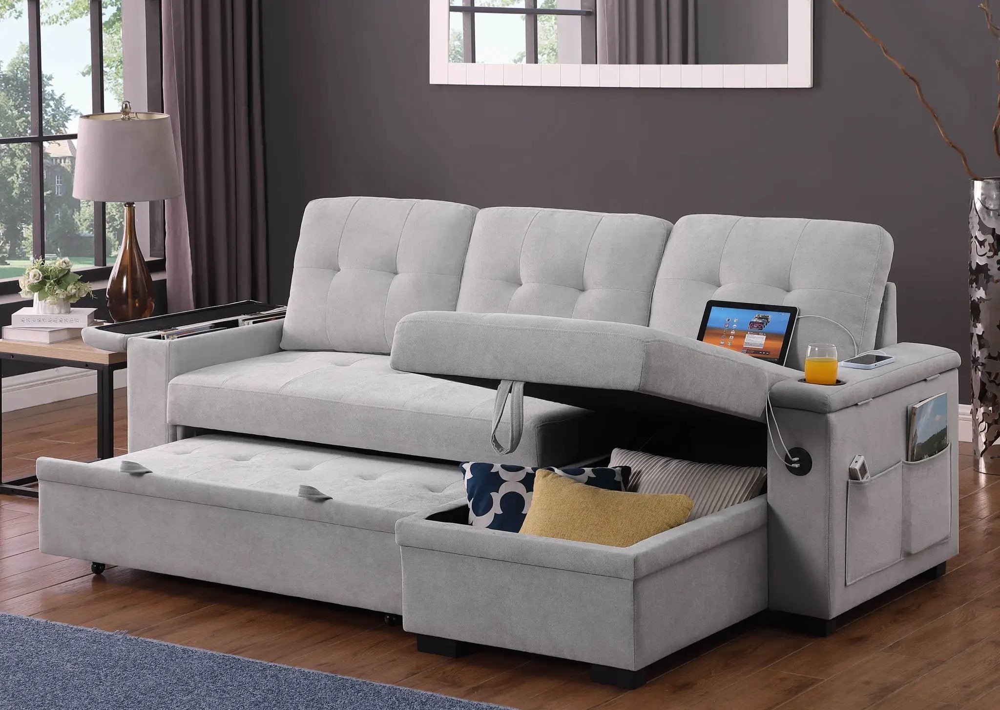 Ashlyn II - 84"W Woven Fabric Reversible Sleeper Sectional Sofa with Storage Chaise by Unique Piece Furniture