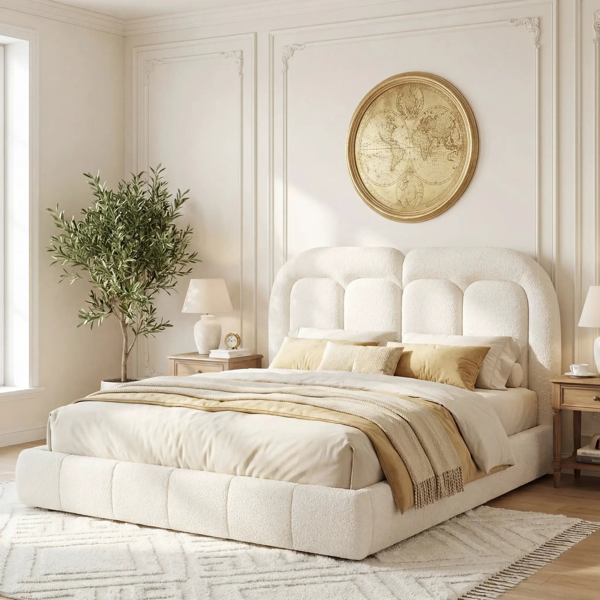 Queen Size Boucle Upholstered Platform Bed with Tufted Headboard by HouseOfZazla