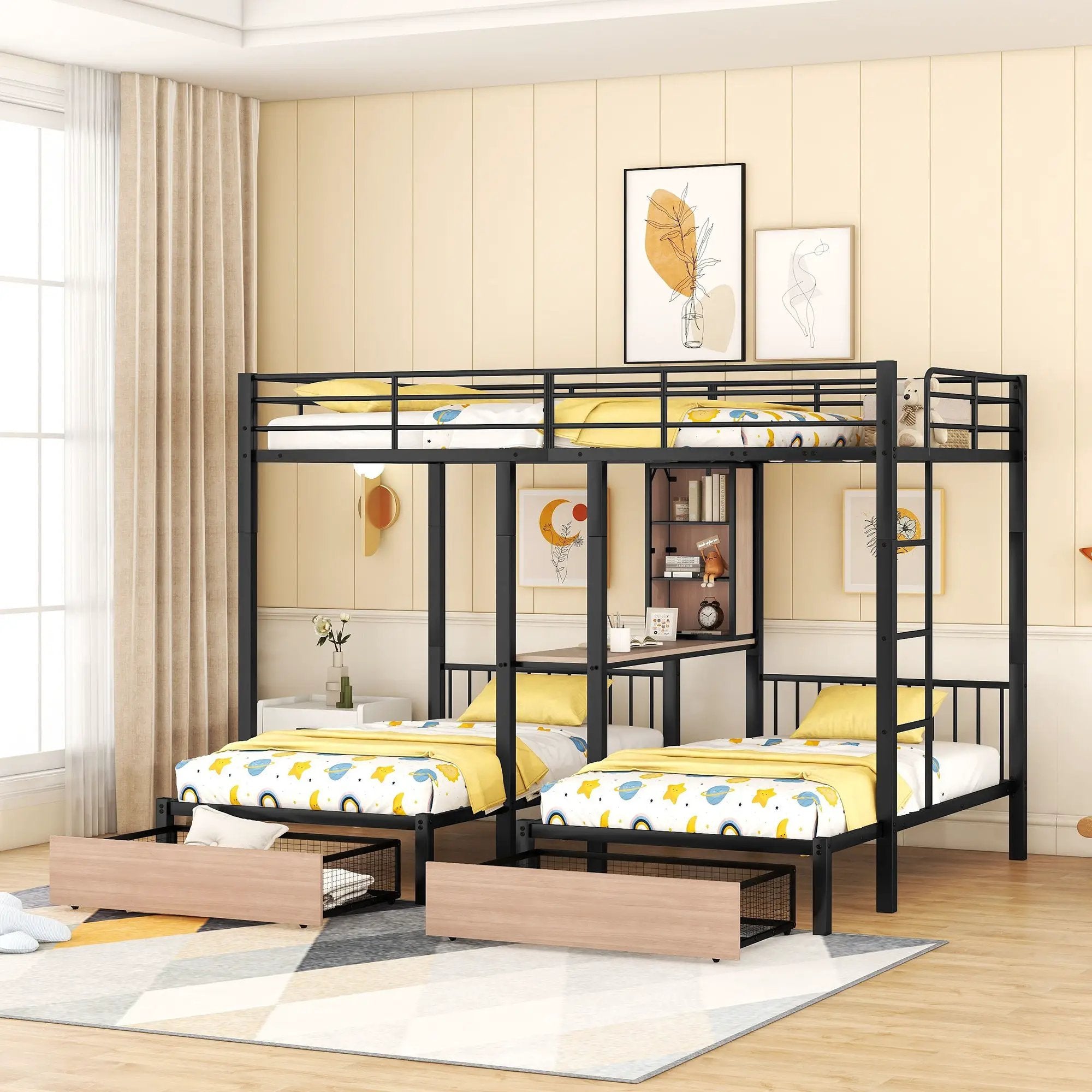 Triple Bunk Bed With Drawers, Multi-Functional Frame With Desks And Shelves In The Middle by Unique Piece Furniture