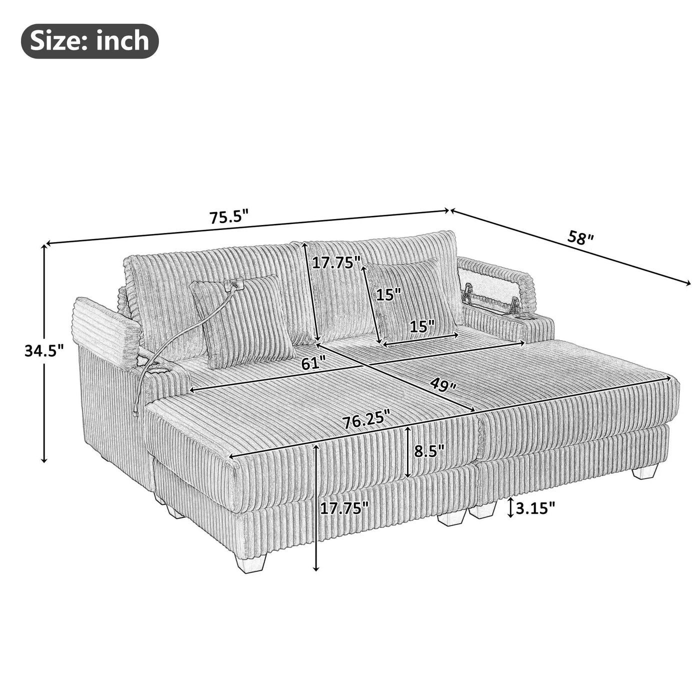 Modern Chaise Sofa With Adjustable Backrest, Cup Holders, Phone Holder & Storage Compartments For Living Room by Unique Piece Furniture